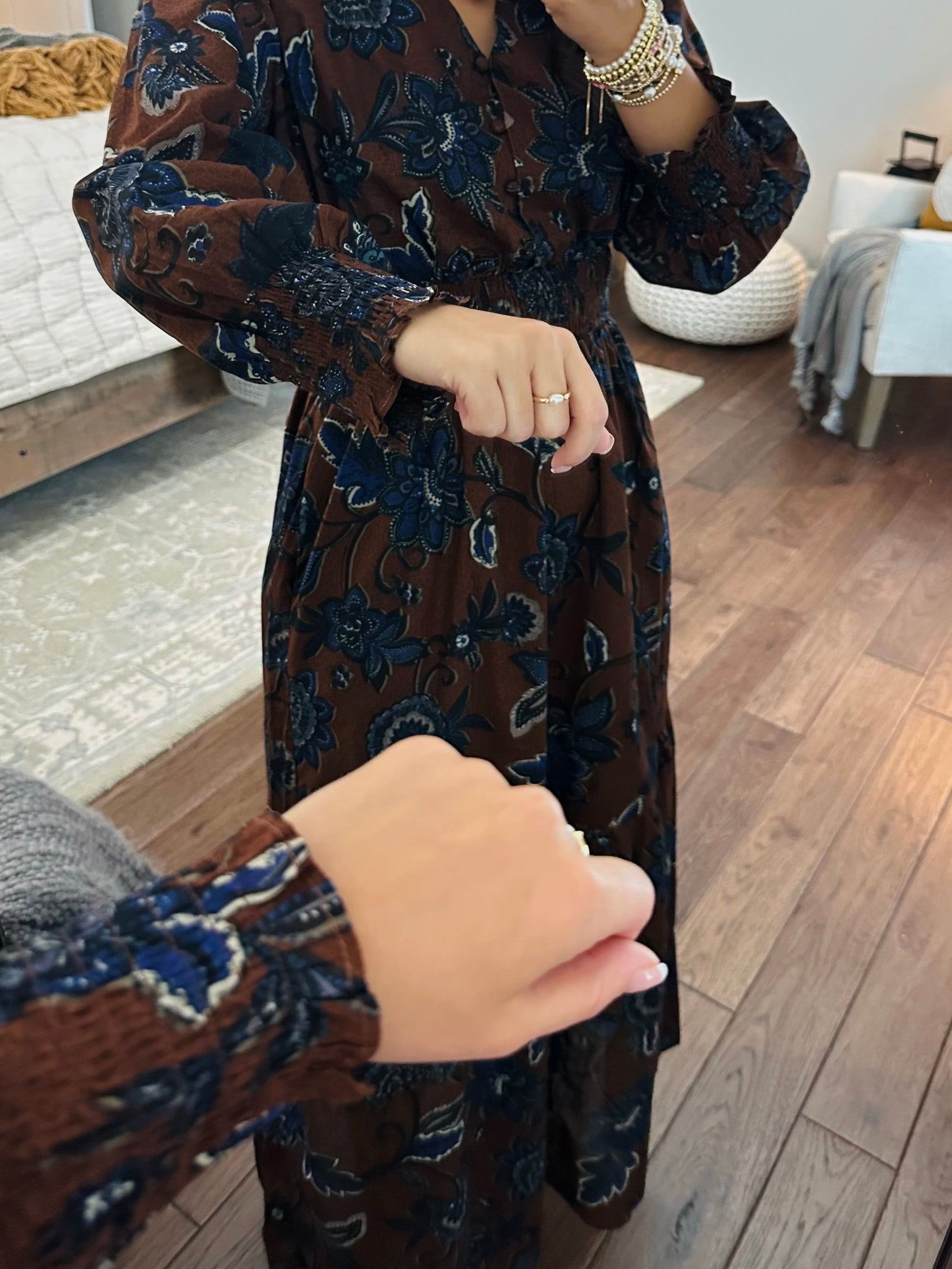 The Marlina Brown + Blue Floral Midi Dress