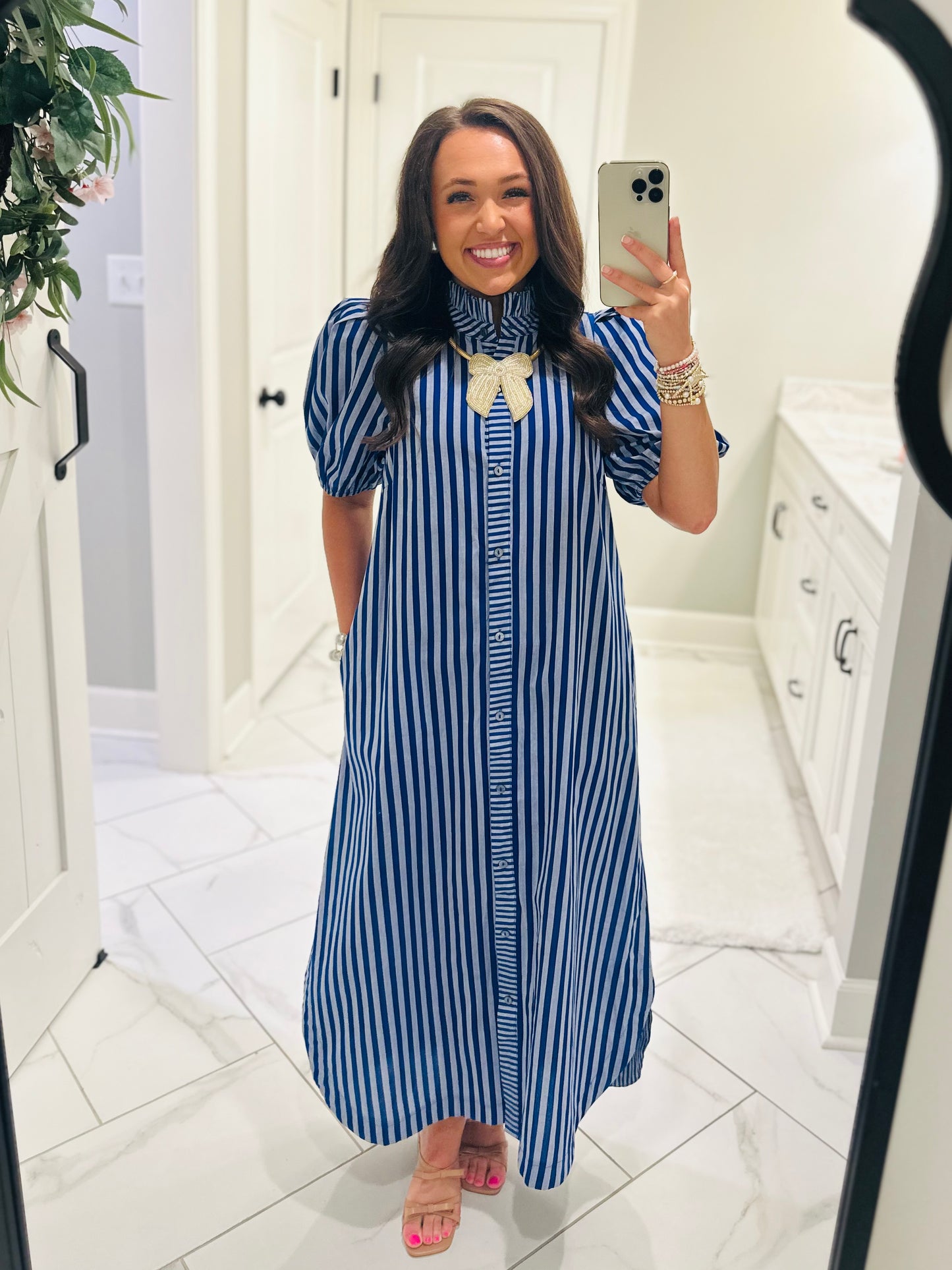 The Quinn Navy Blue Striped Midi Dress