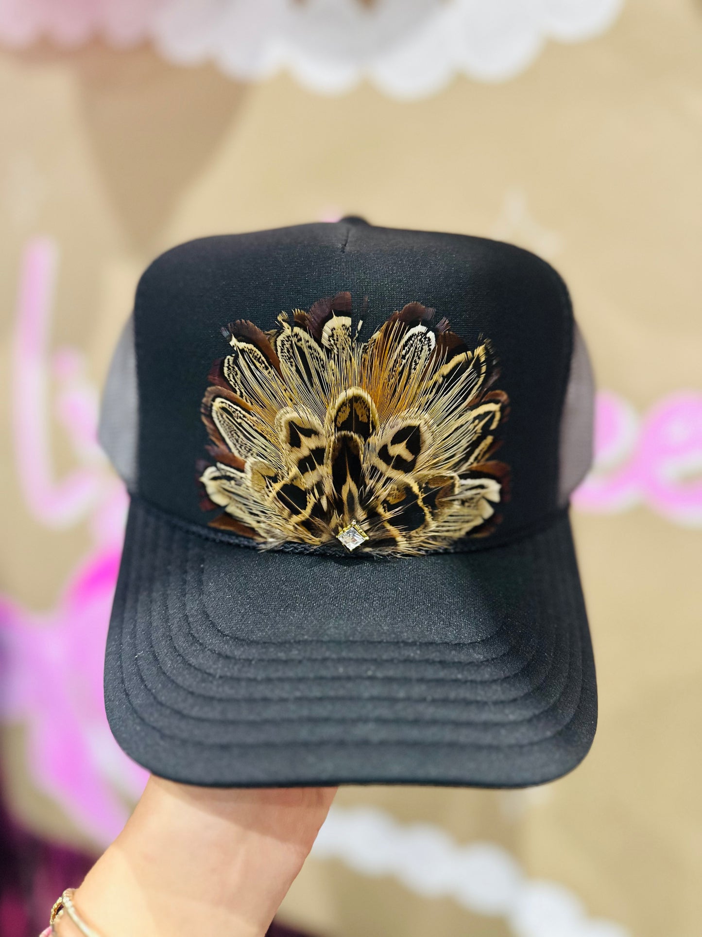 Black Feather + Diamond Stone Trucker Hat