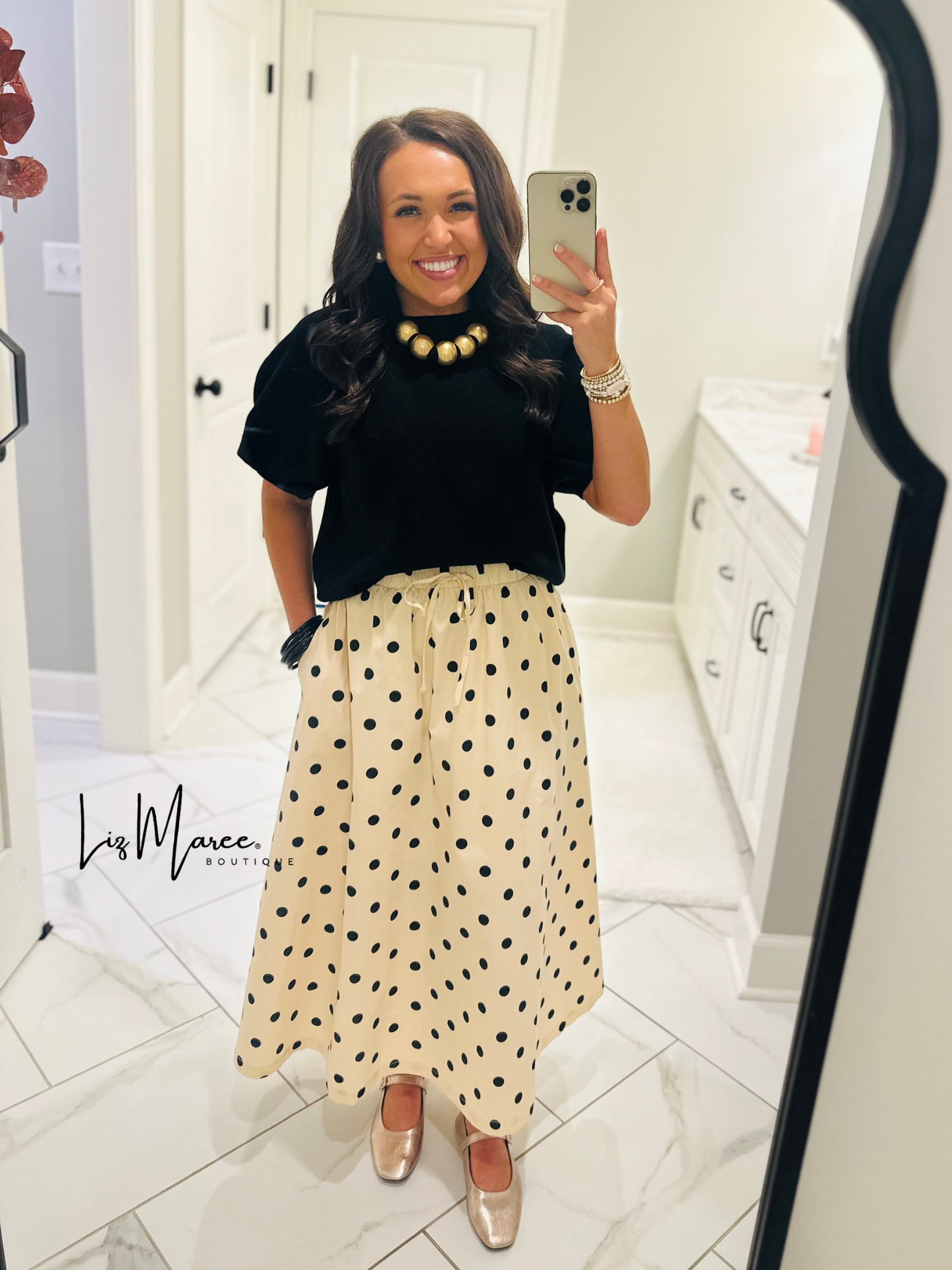 The Olivia Cream + Black Polka Dot Midi Skirt