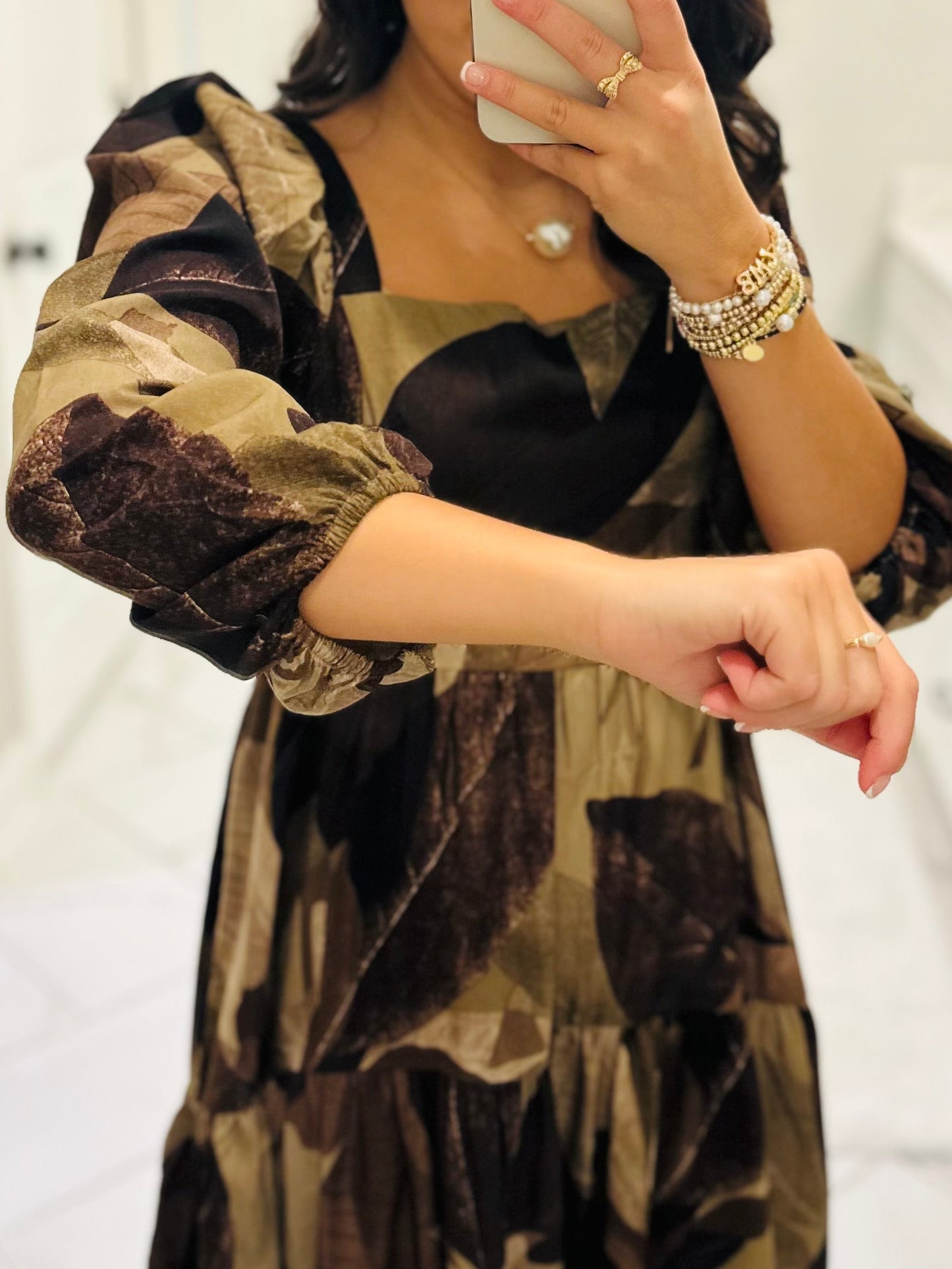 The Loretta Mocha Leaf Midi Dress