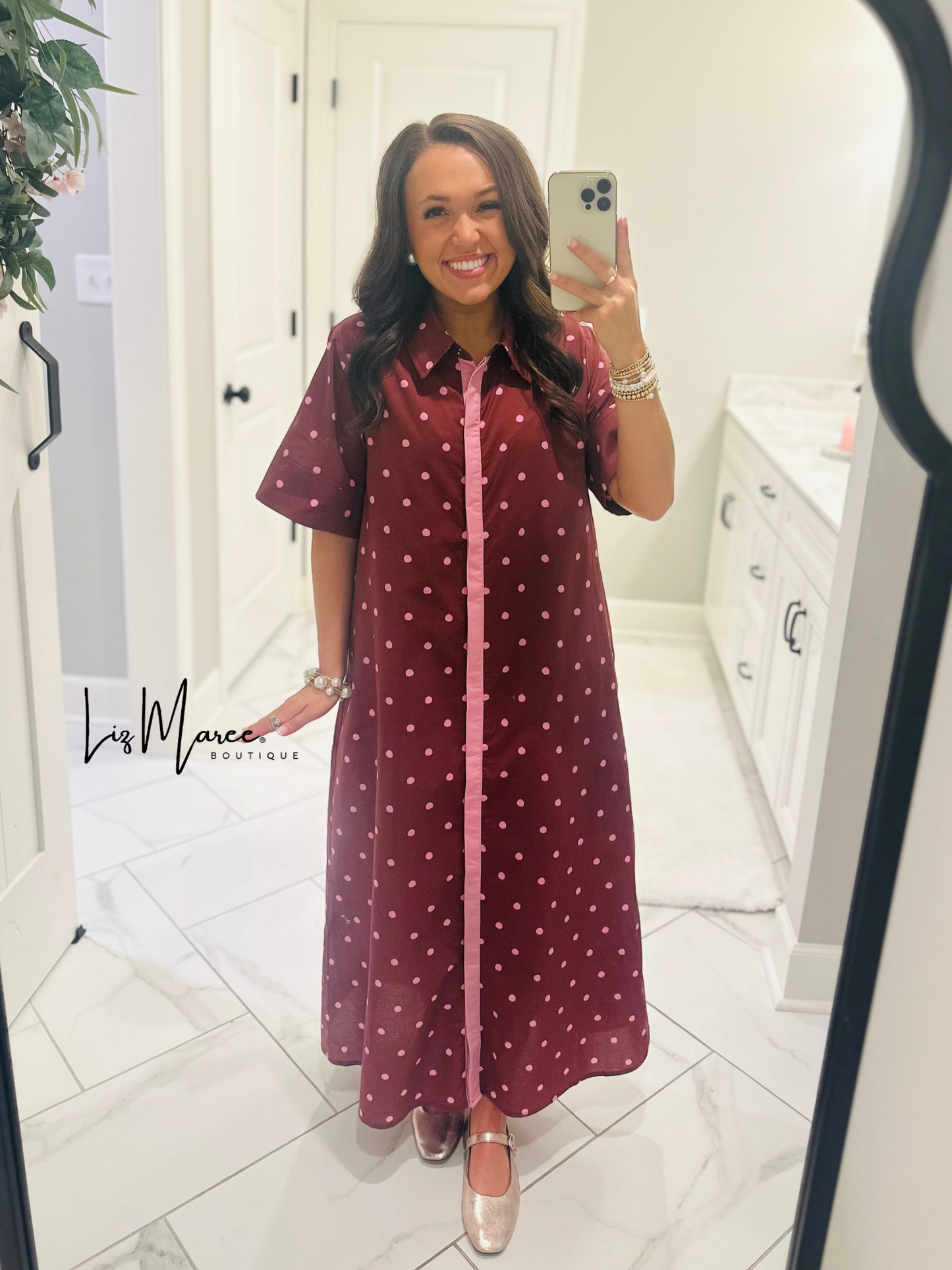 The Ruth Burgundy + Pink Polka Dot Midi Dress