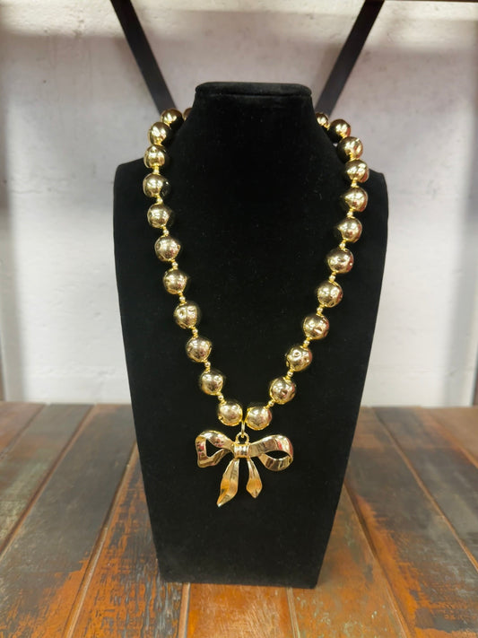Gold Bow Ball Beaded Statement Necklace