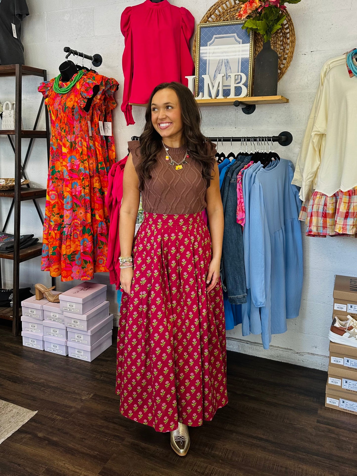 The Austin Burgundy Floral Midi Skirt