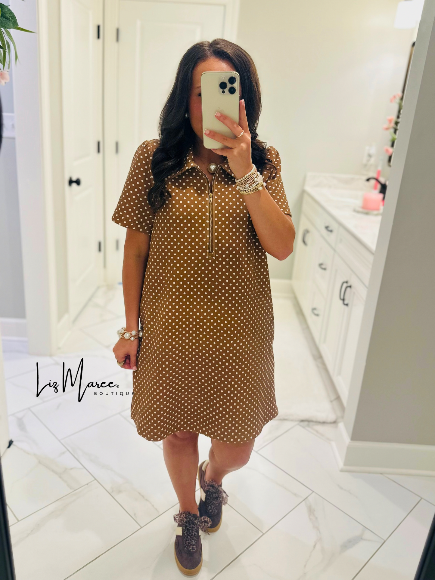 The Hadley Caramel Brown Polka Dot Quarter Zip Dress