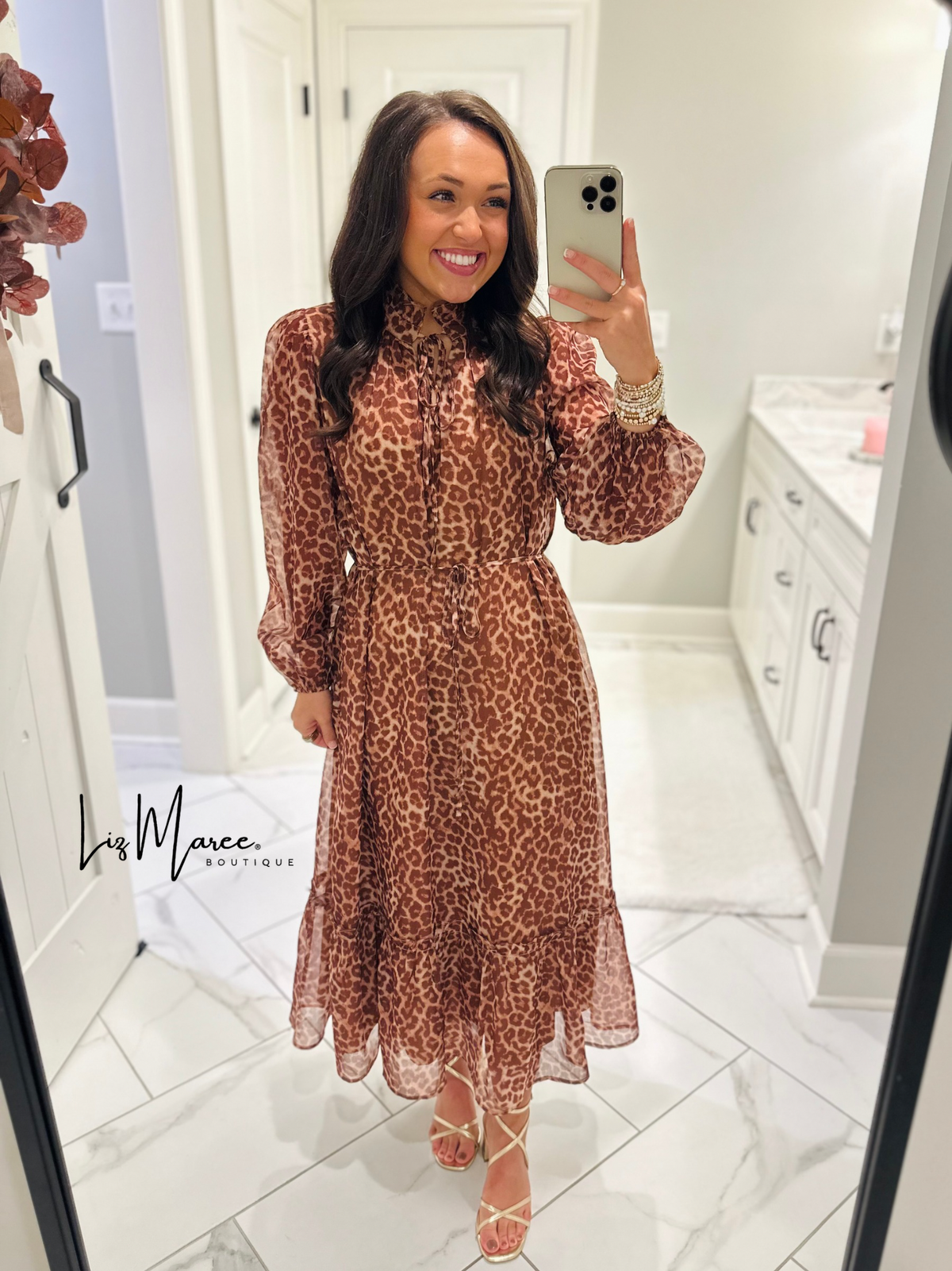 The Maple Rust Leopard Tiered Midi Dress