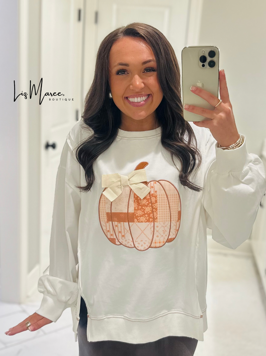 The Patchwork Pumpkin Bow Sweatshirt