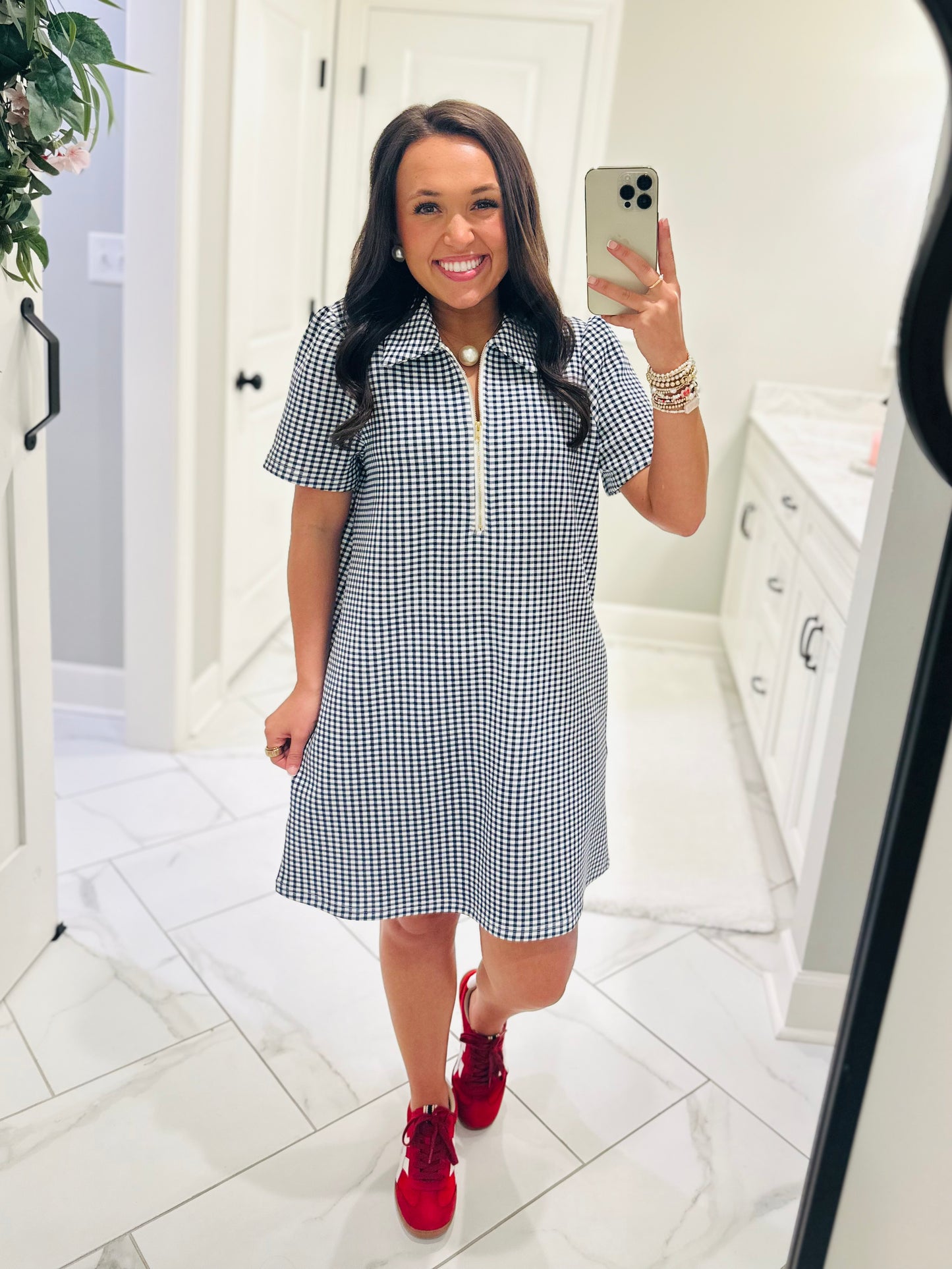 The Lee Navy Gingham Quarter Zip Dress