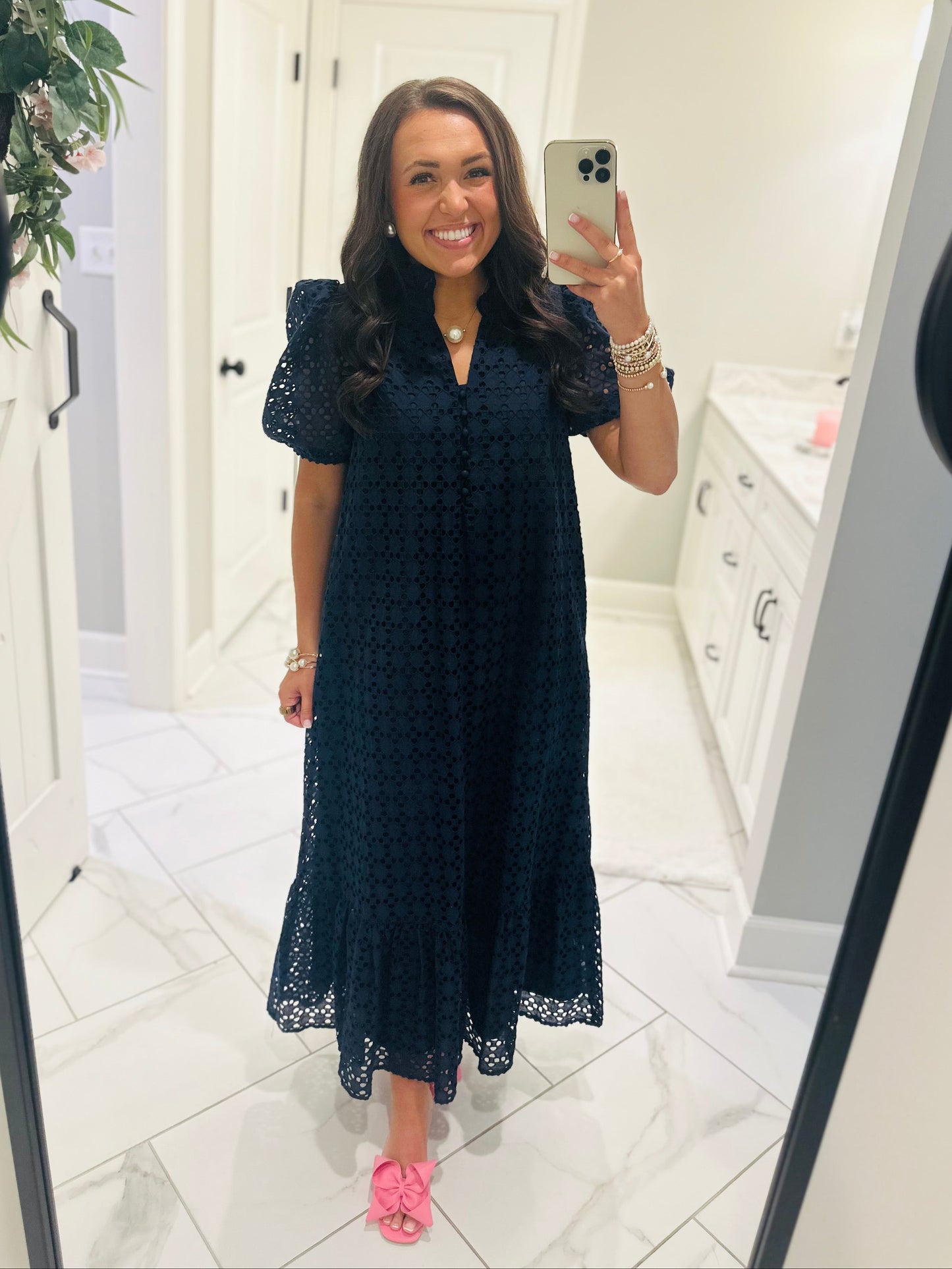 The Liz Navy Eyelet Midi Dress