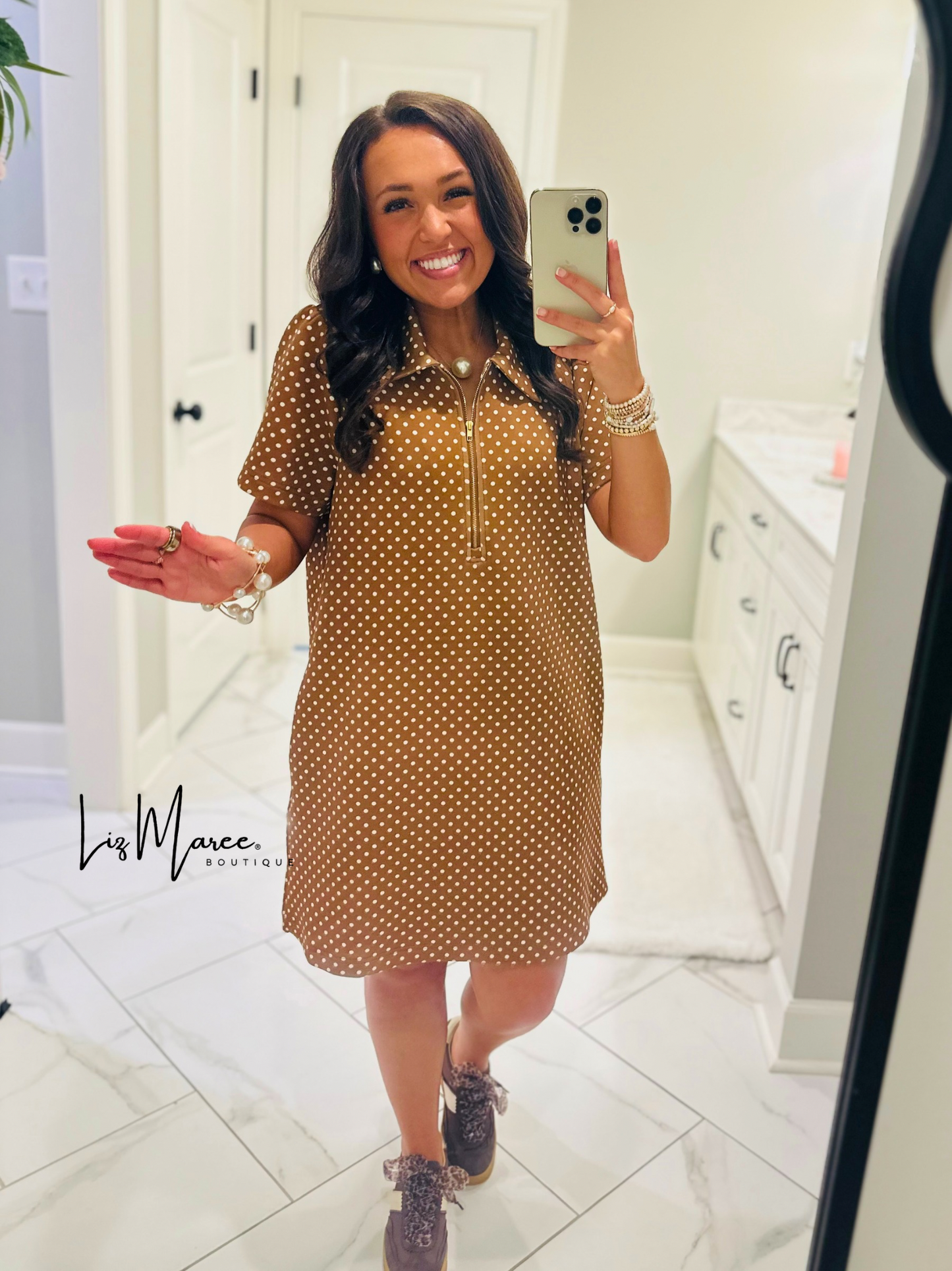 The Hadley Caramel Brown Polka Dot Quarter Zip Dress