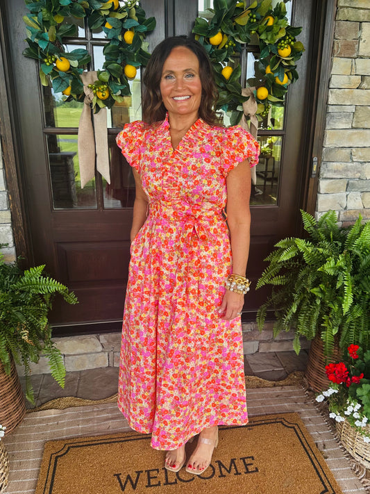 The Maree Pink + Orange Floral Midi Dress