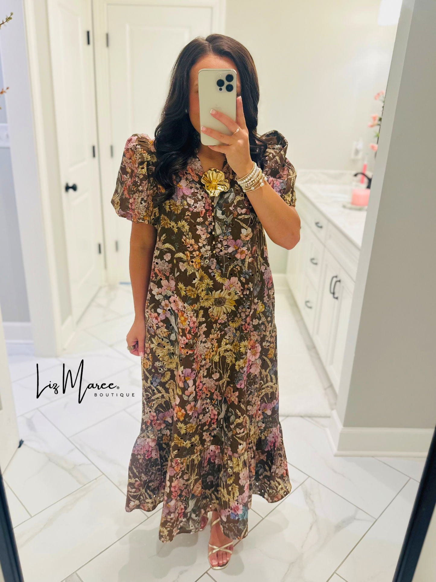 The Nadine Brown Floral Eyelet Midi Dress