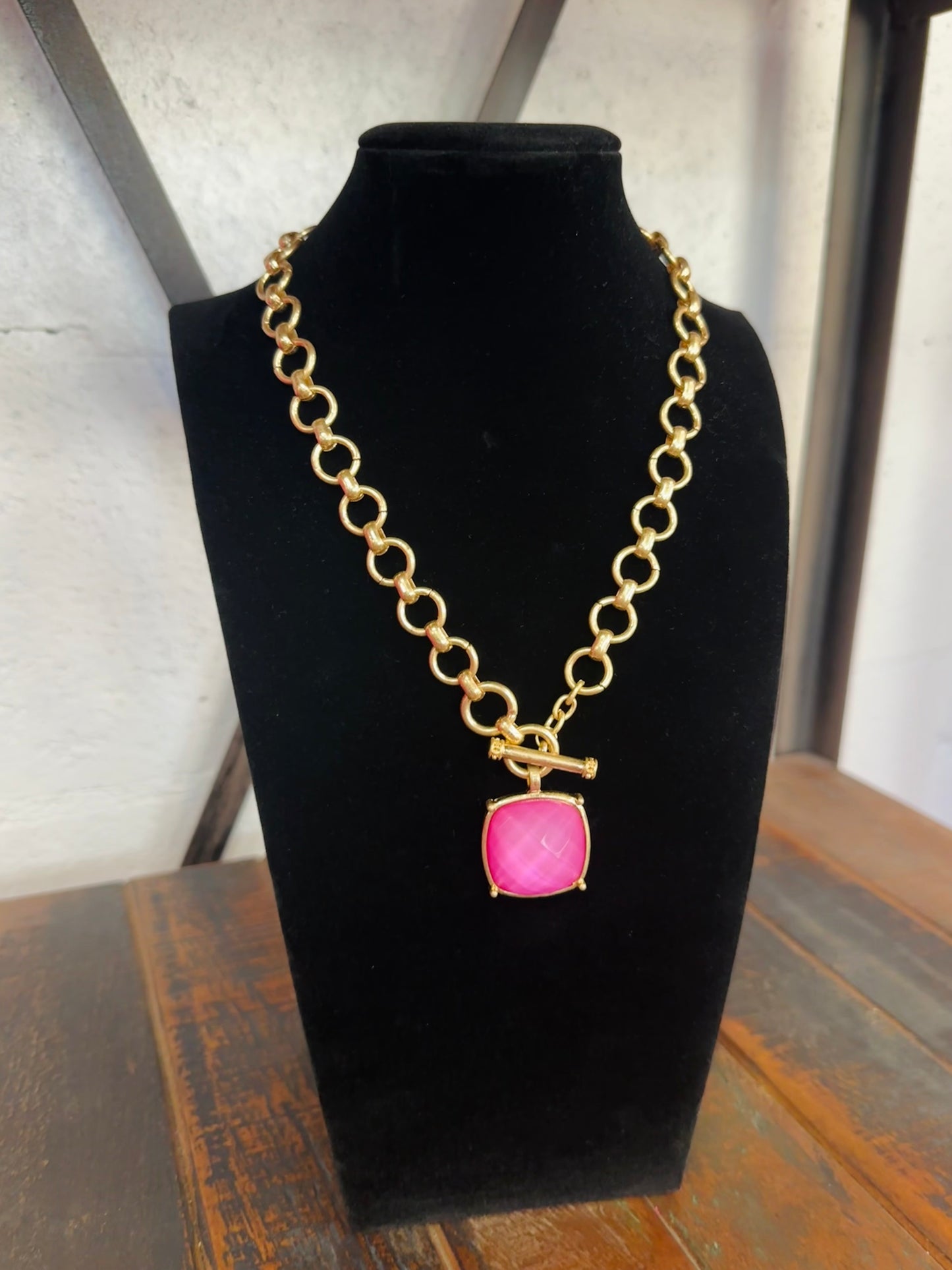 Pink Square Stone Pendant Necklace