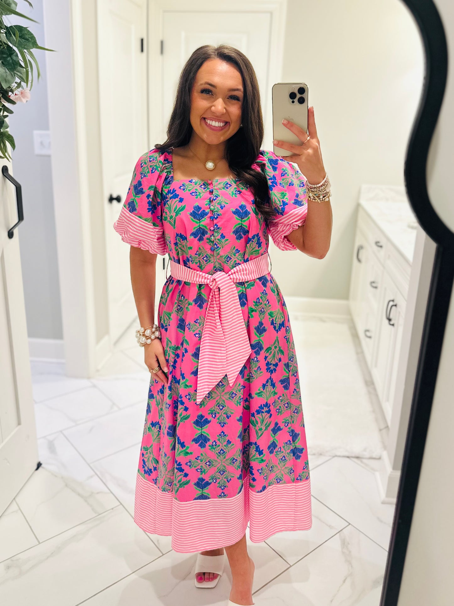 The Harlee Pink Botanical Midi Dress