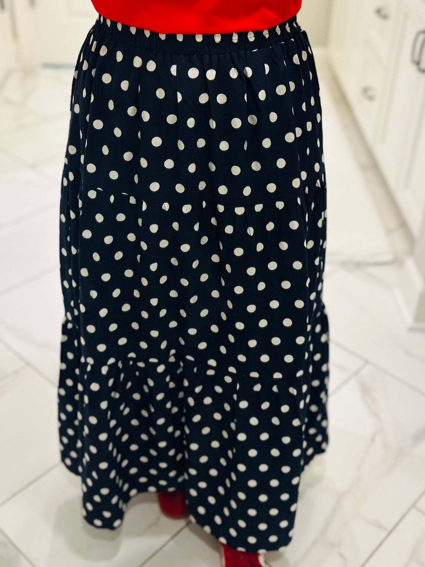 The Nanci Navy Polka Dot Tiered Midi Skirt