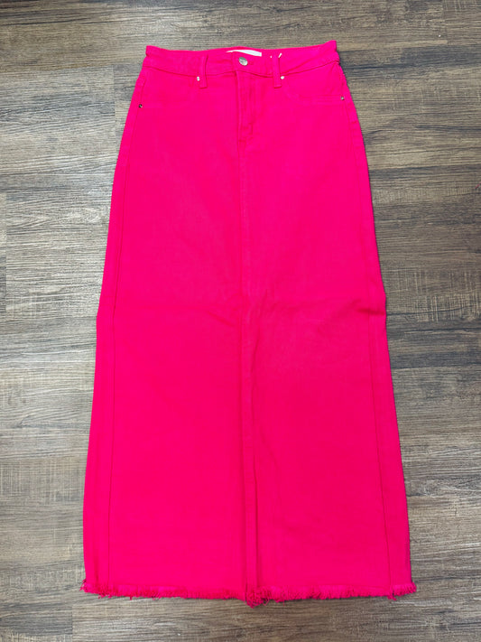 The High Rise Fuchsia Frayed Long Denim Skirt