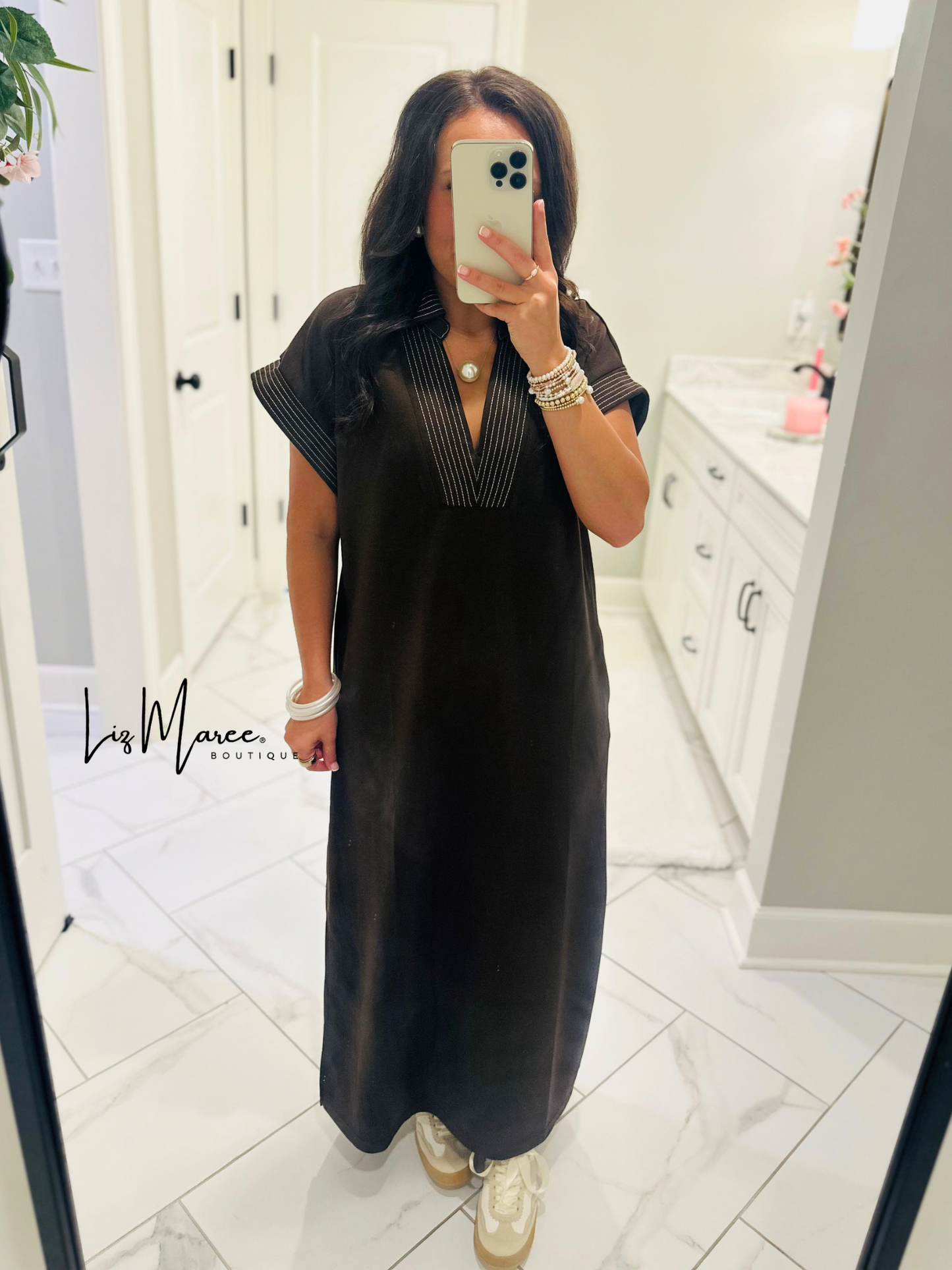 The Parker Brown Collared Stitch Midi Dress