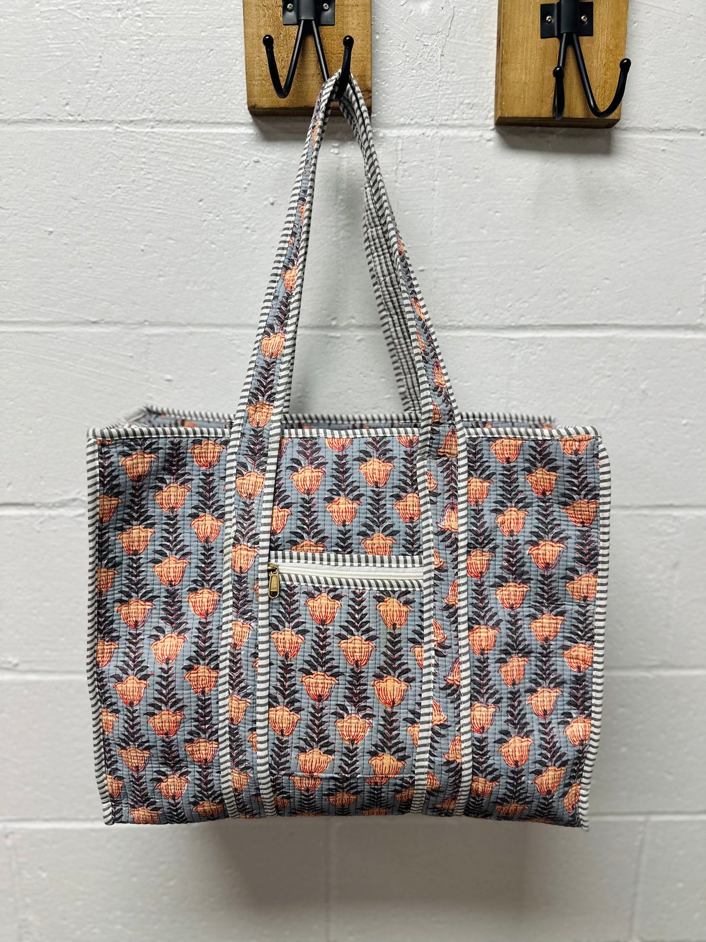 The Gray & Orange Floral Quilted Tote Bag