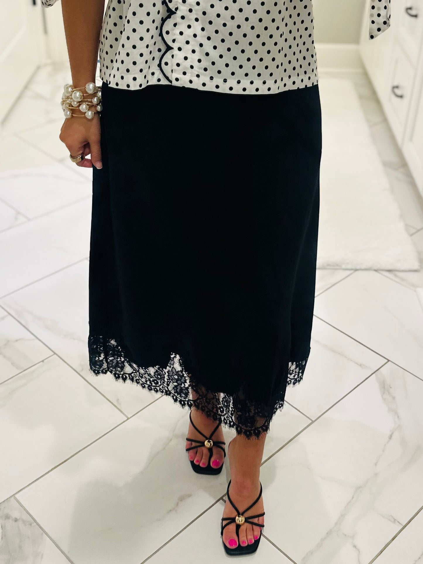 The Dallas Black Satin Lace Midi Skirt