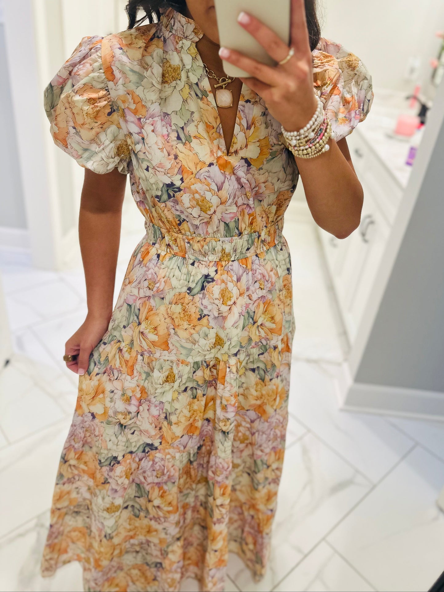 The Elizabeth Lavender + Orange Multicolor Floral Midi Dress