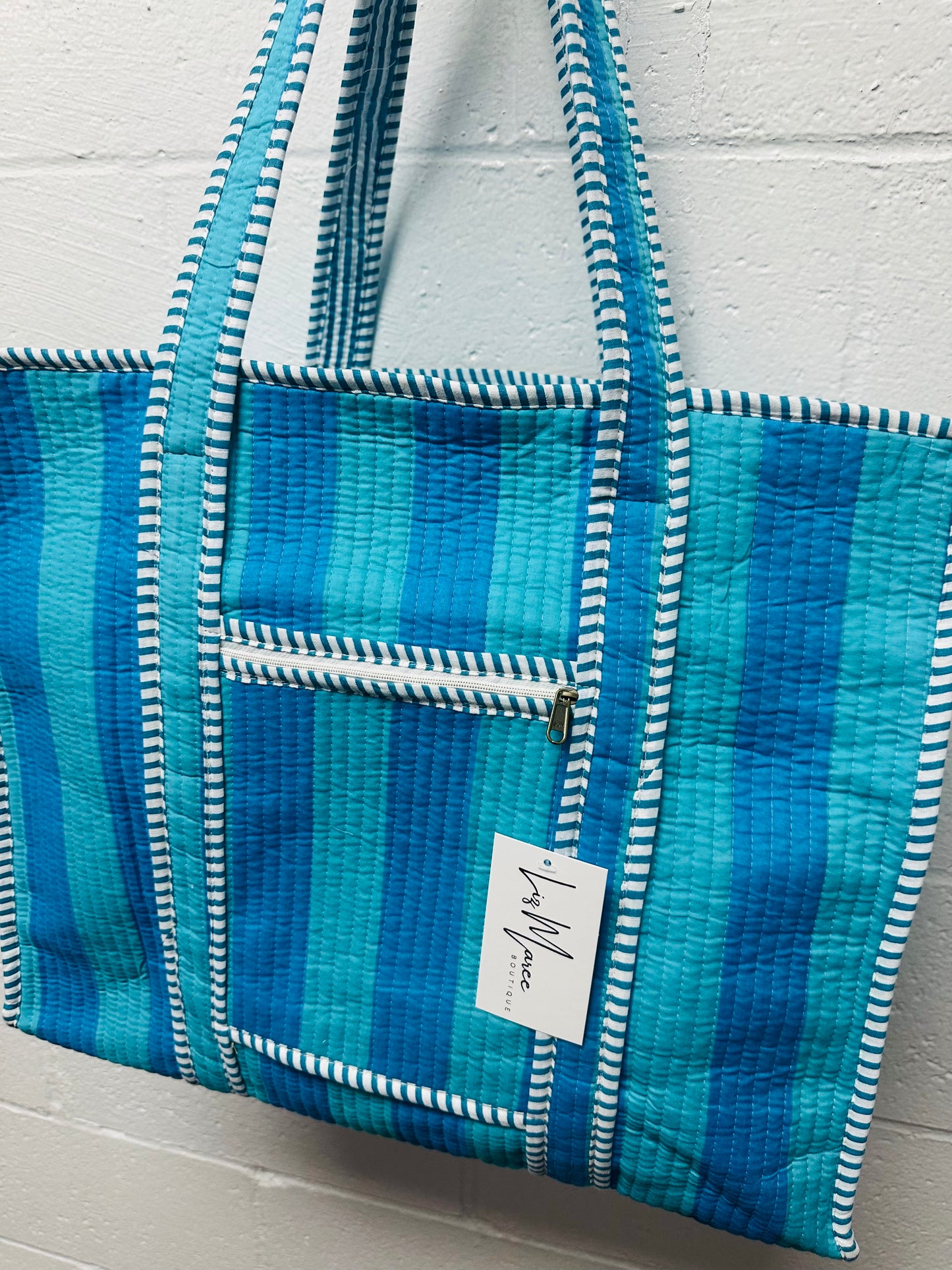 The Blue Oasis Striped Quilted Tote Bag