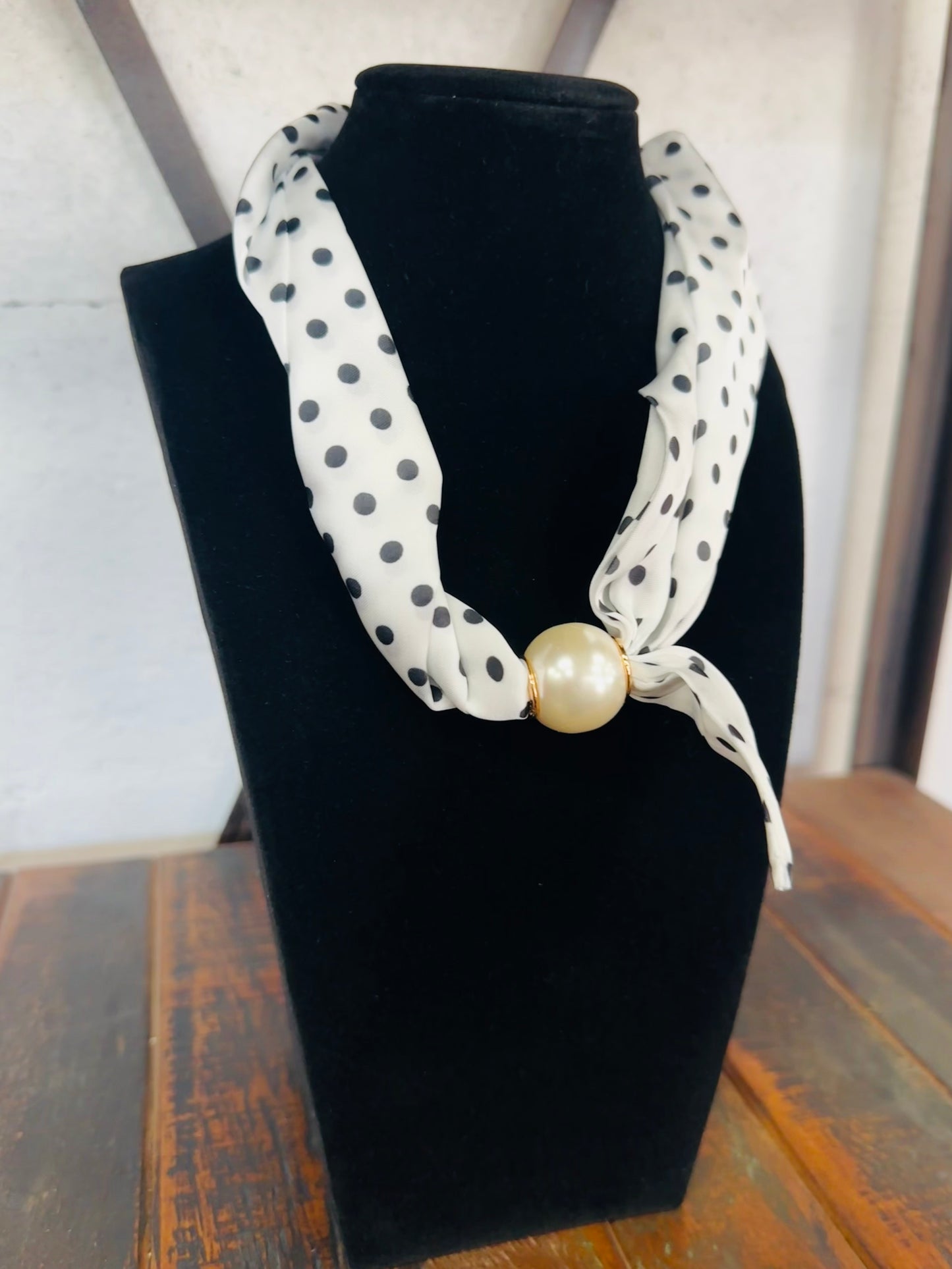 White + Black Polkadot Pearl Scarf Necklace