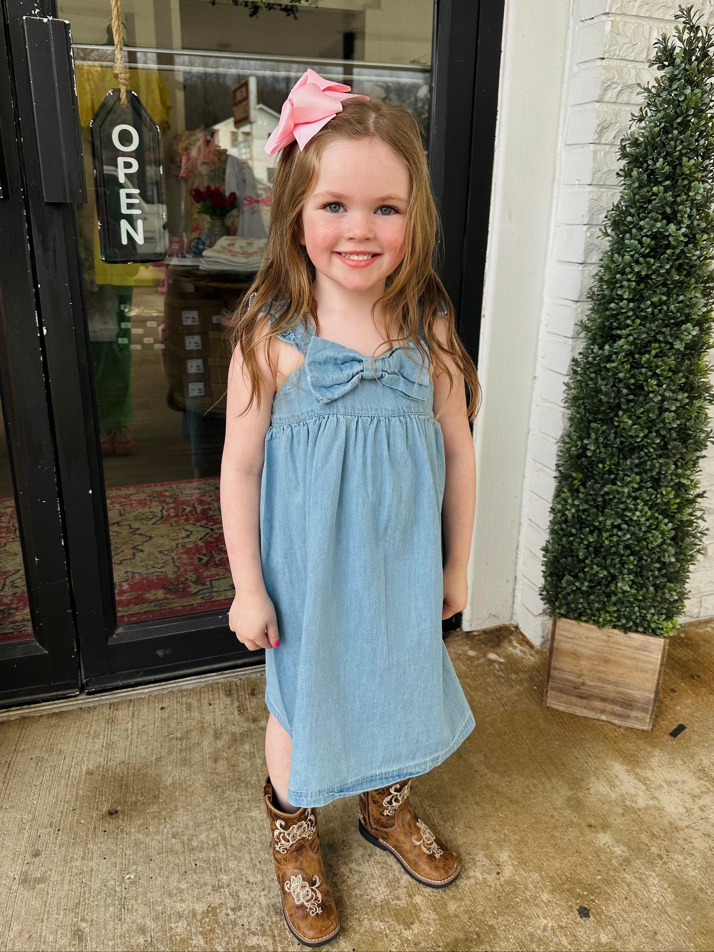 The Girls Light Wash Denim Bow Dress