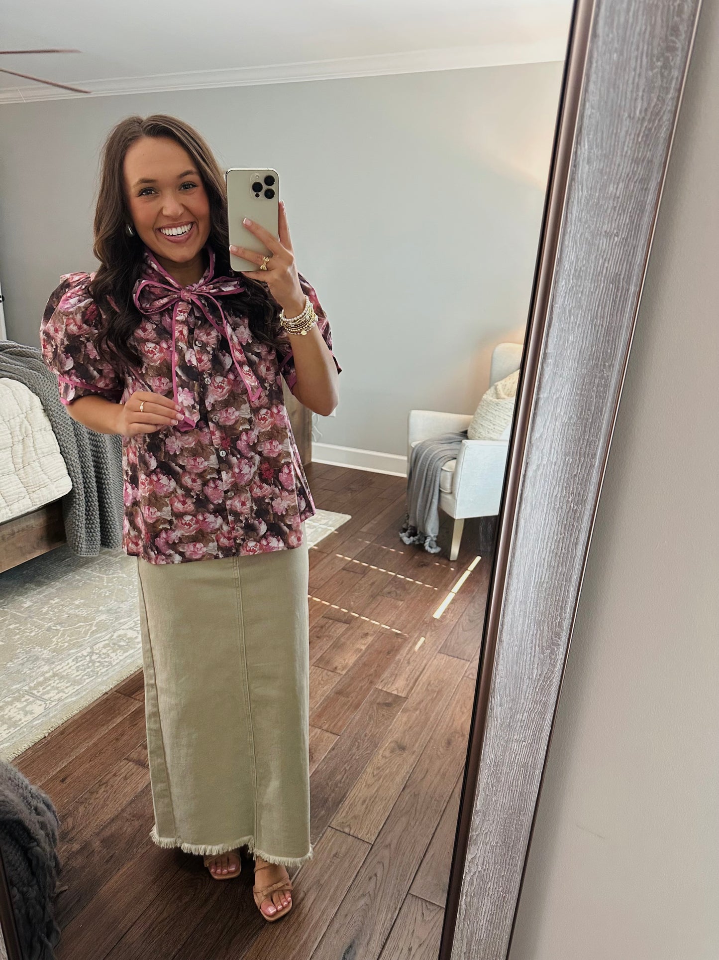 The Maggie Pink + Brown Floral Bow Top