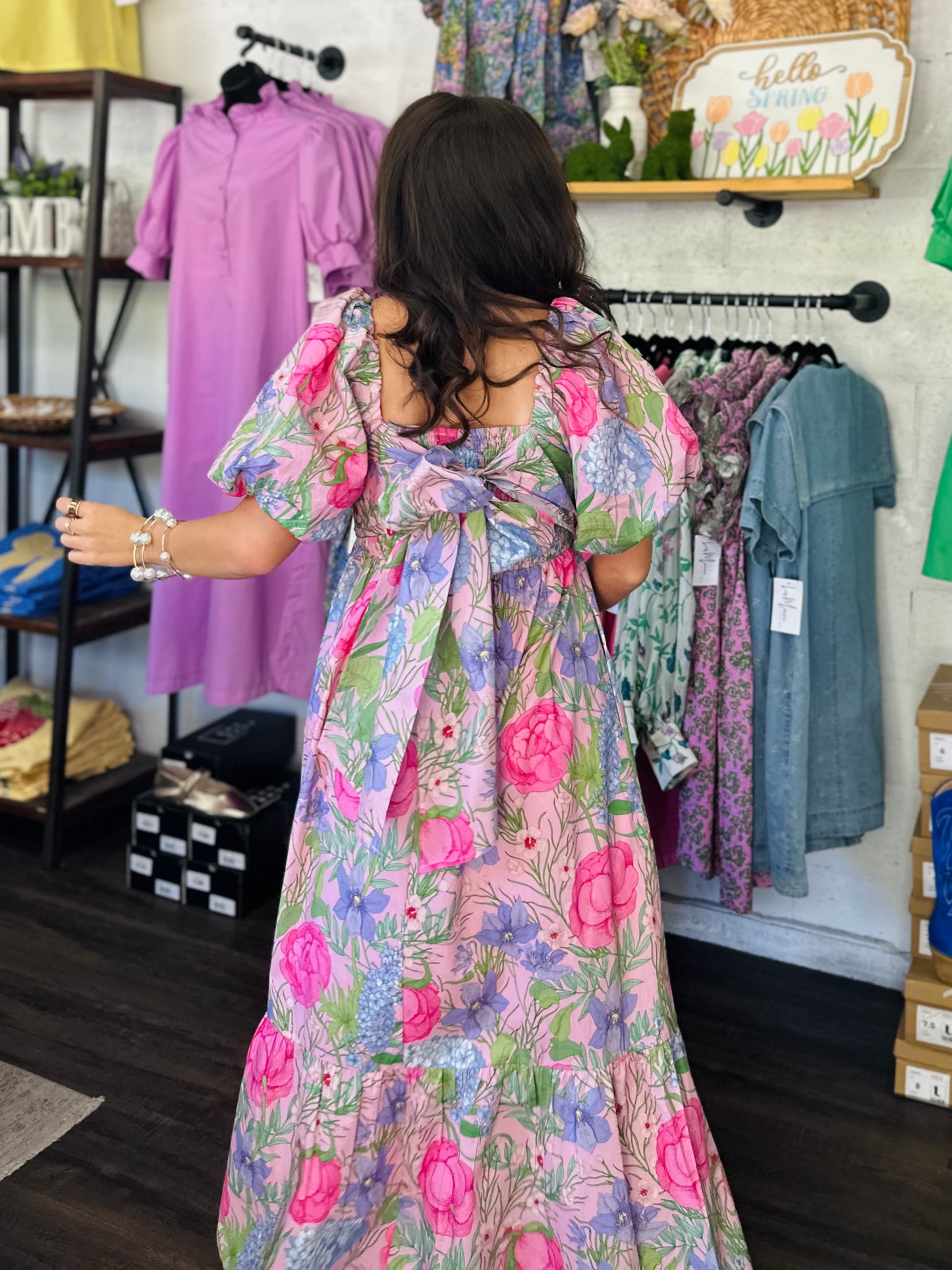 The Danyale Pink Floral Bow Midi Dress