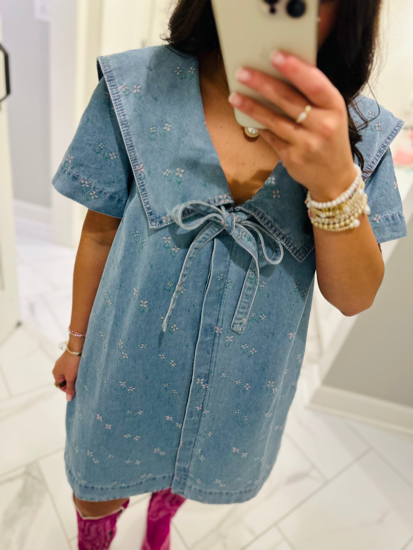 The Noa Collared Floral Denim Dress