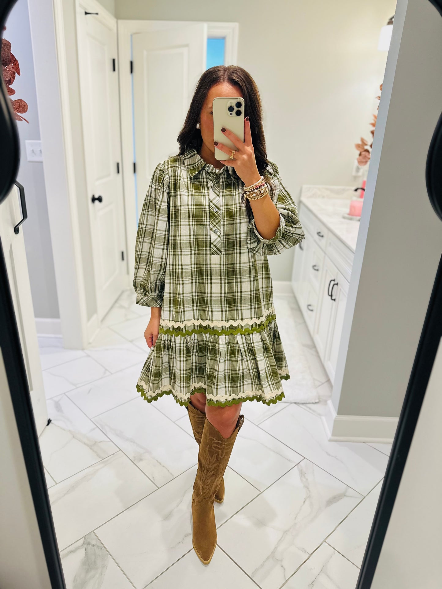 The Gale Olive Green Plaid Dress