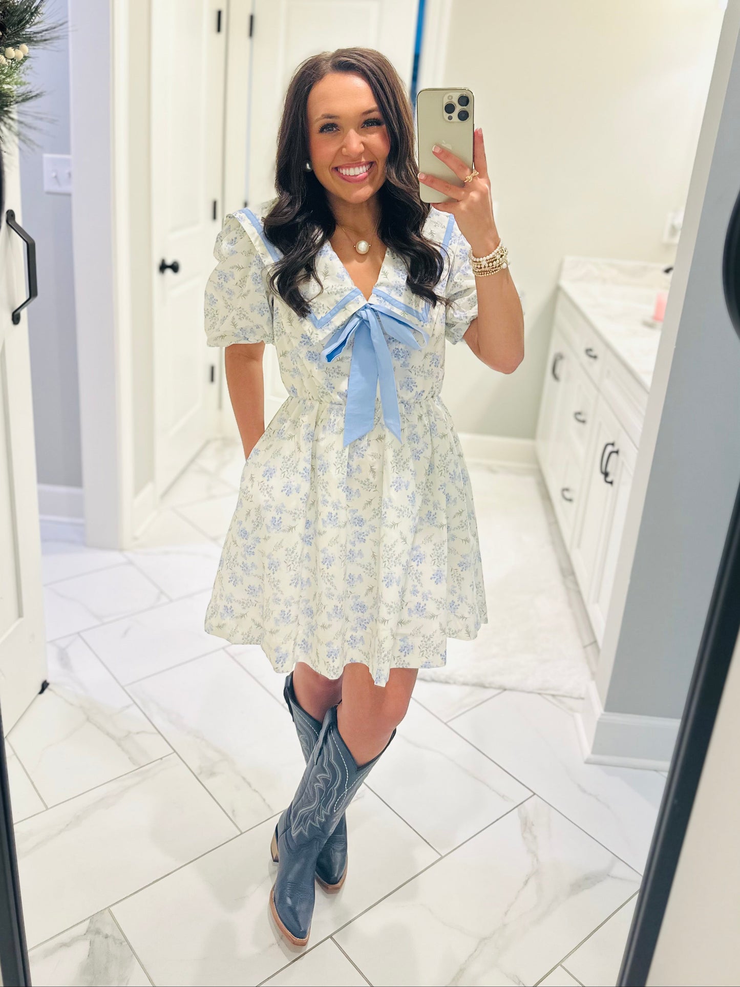 The Charlotte Cream + Blue Printed Poplin Dress