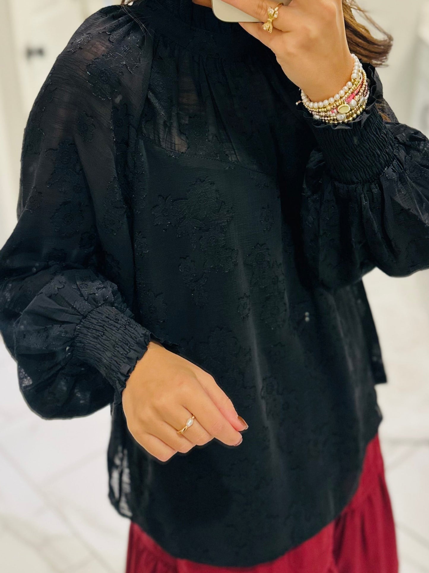 The Ava Black Floral Jacquard Top