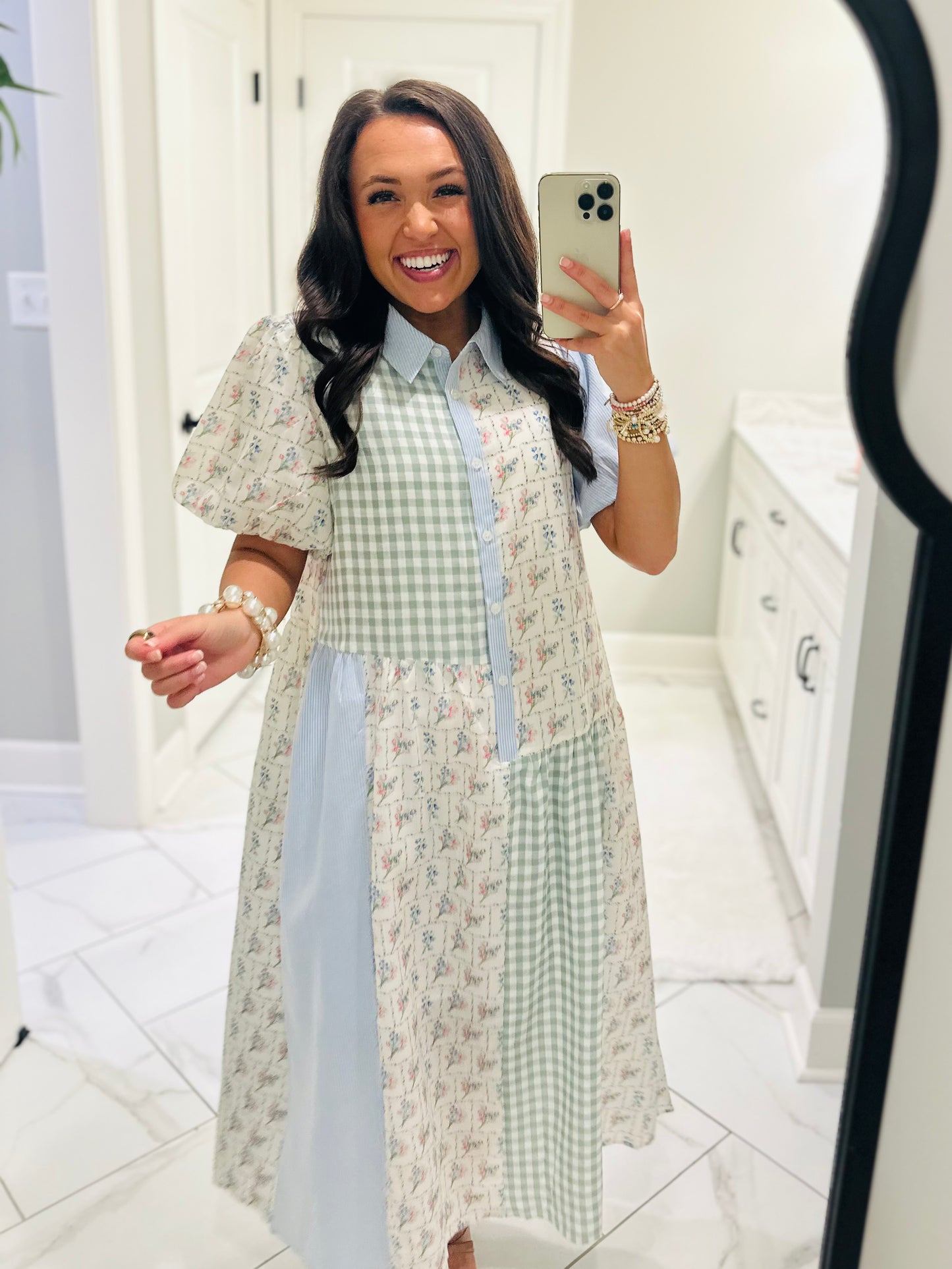 The Mae Blue + Mint Patchwork Midi Dress