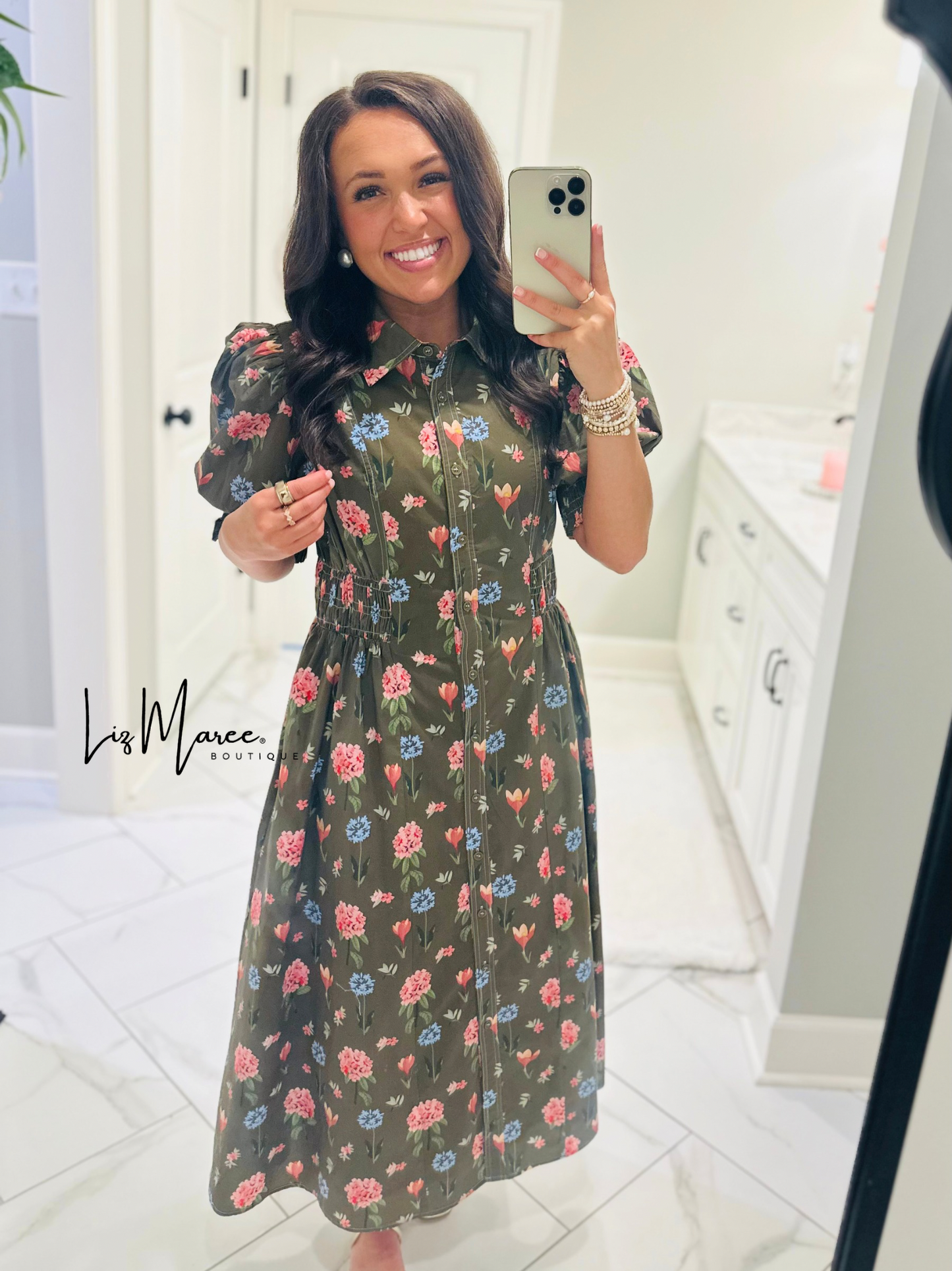 The Annie Olive Green Floral Midi Dress