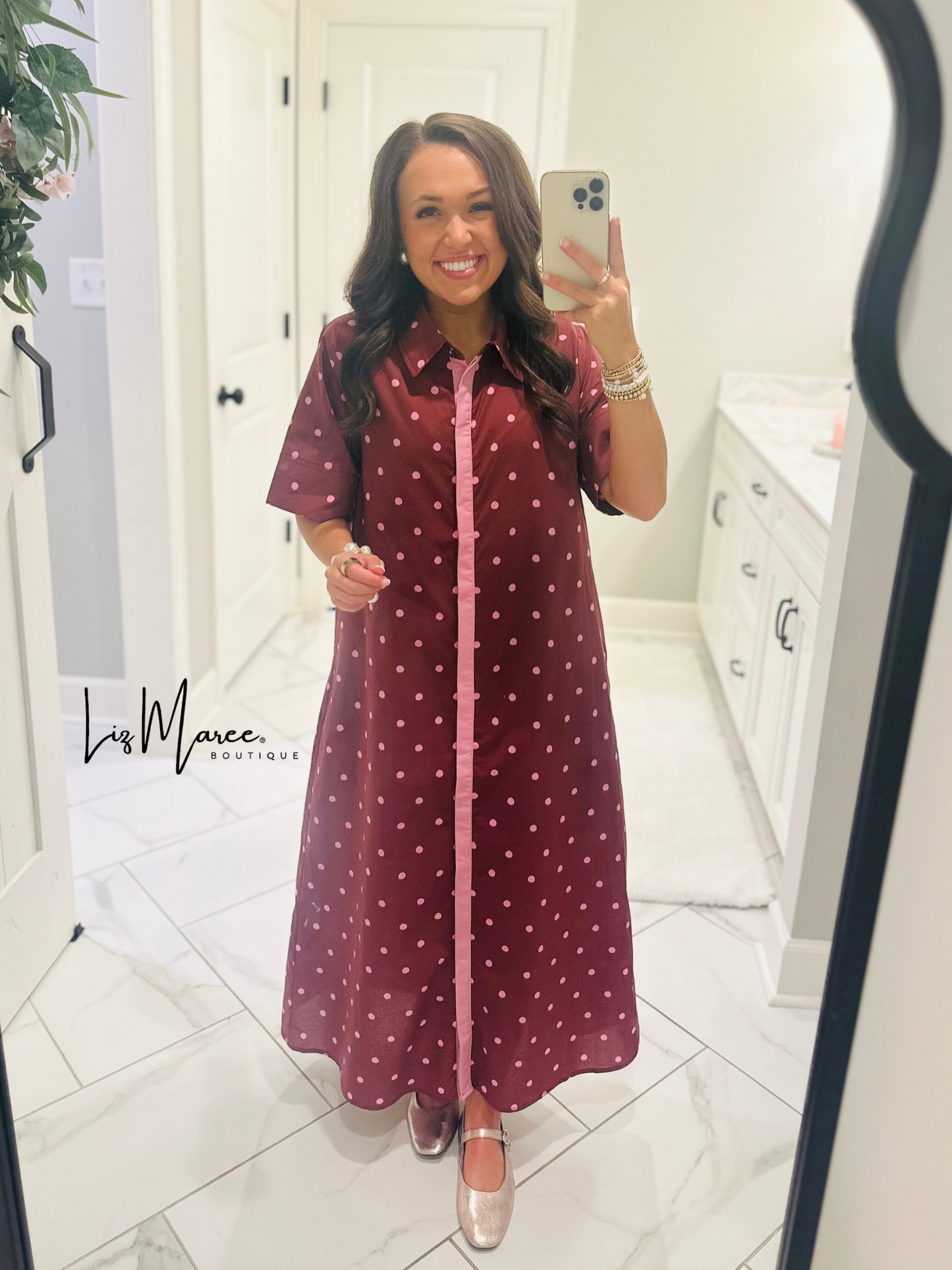 The Ruth Burgundy + Pink Polka Dot Midi Dress