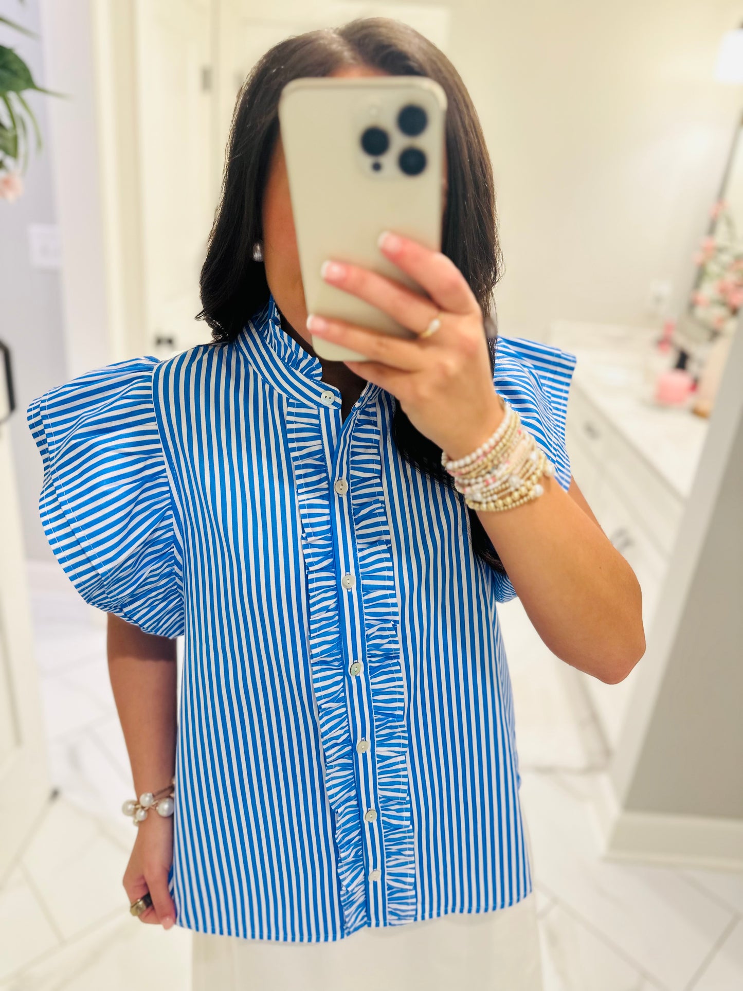 The Virginia Blue Striped Ruffle Top
