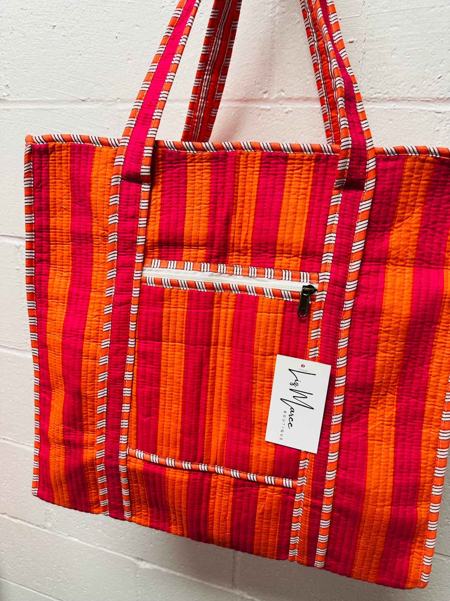 The Pink + Orange Striped Quilted Tote Bag
