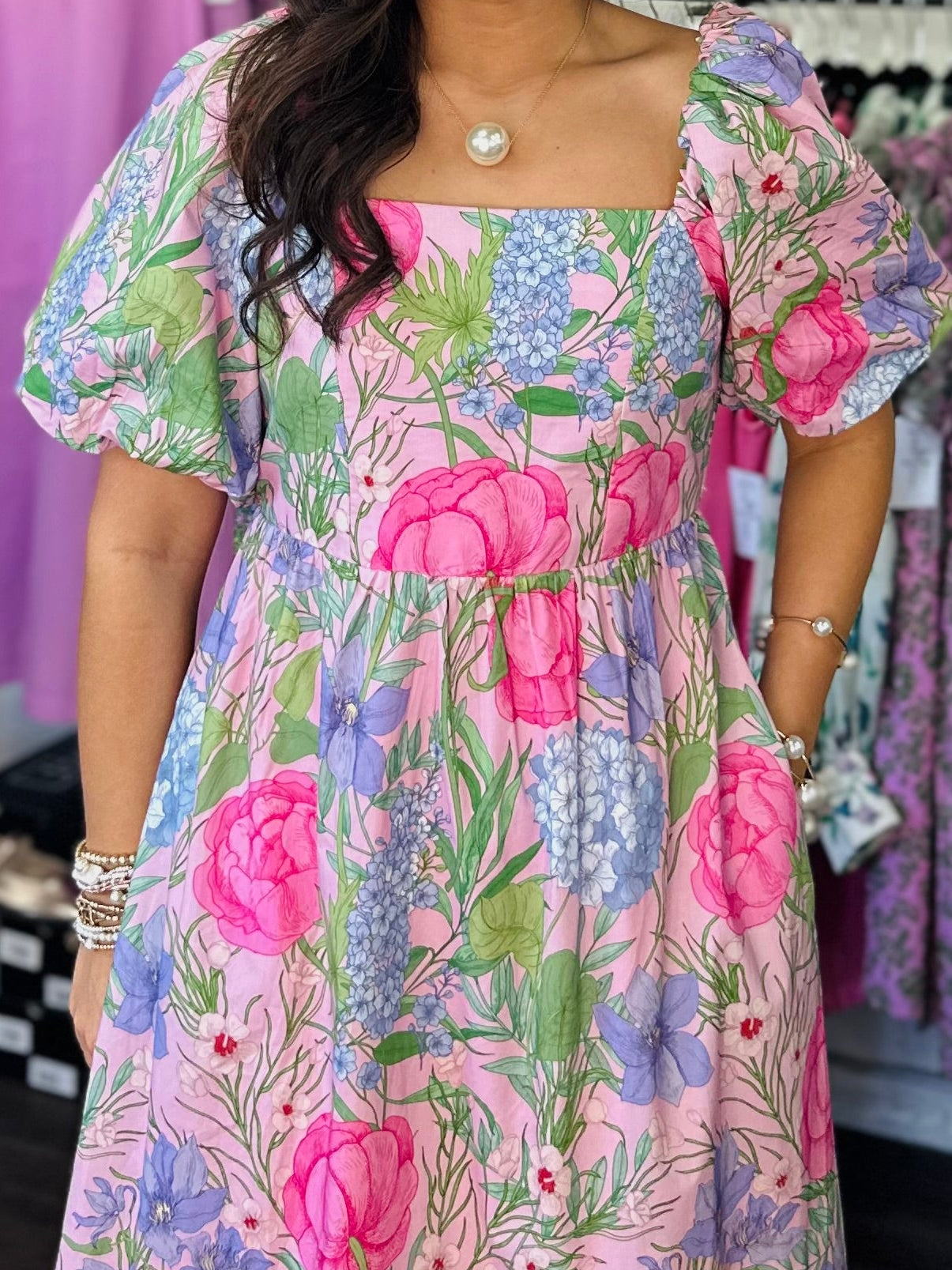 The Danyale Pink Floral Bow Midi Dress