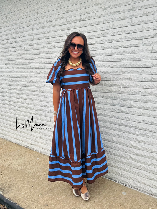 The Reagan Brown Striped Midi Dress