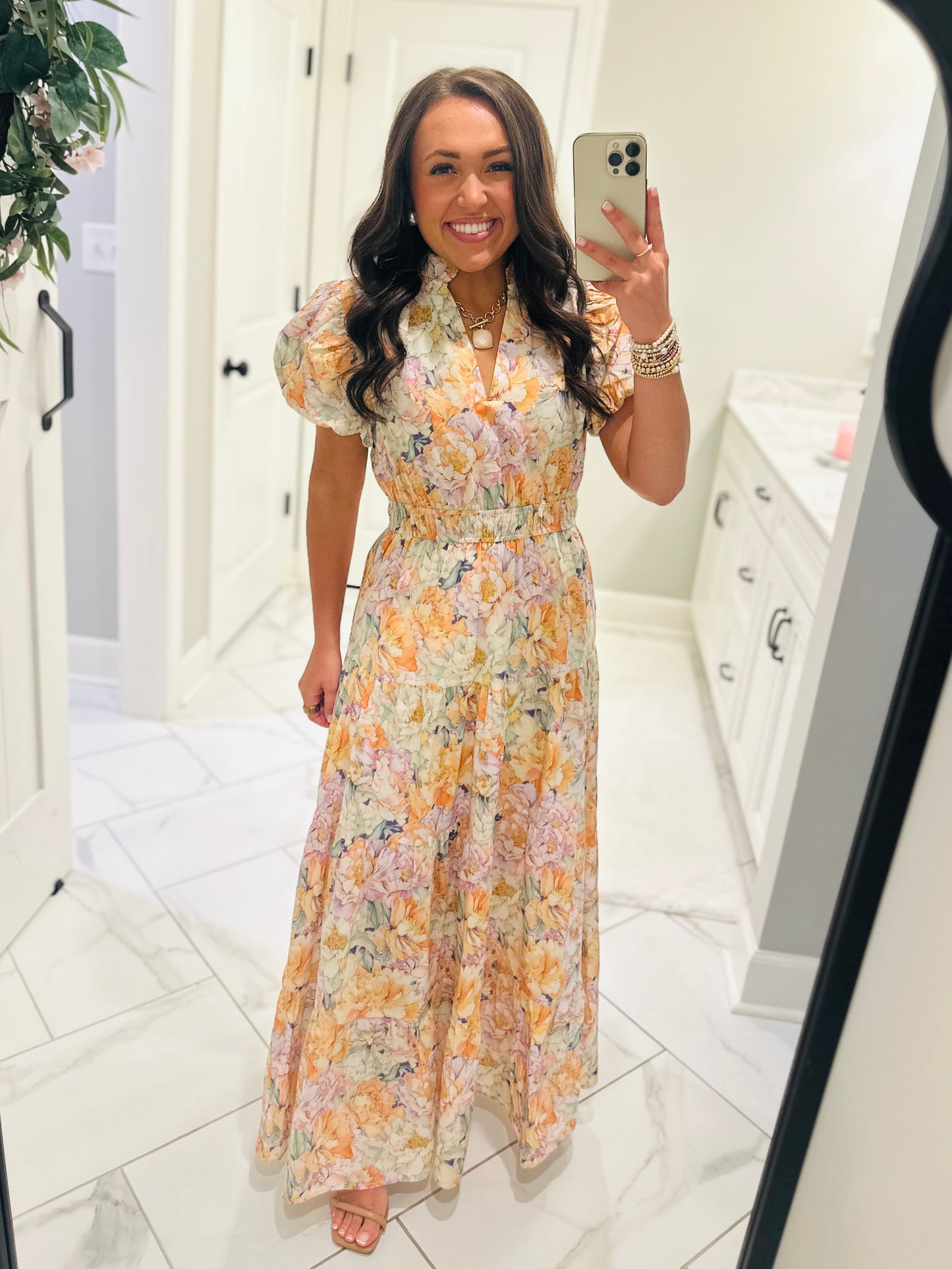 The Elizabeth Lavender + Orange Multicolor Floral Midi Dress