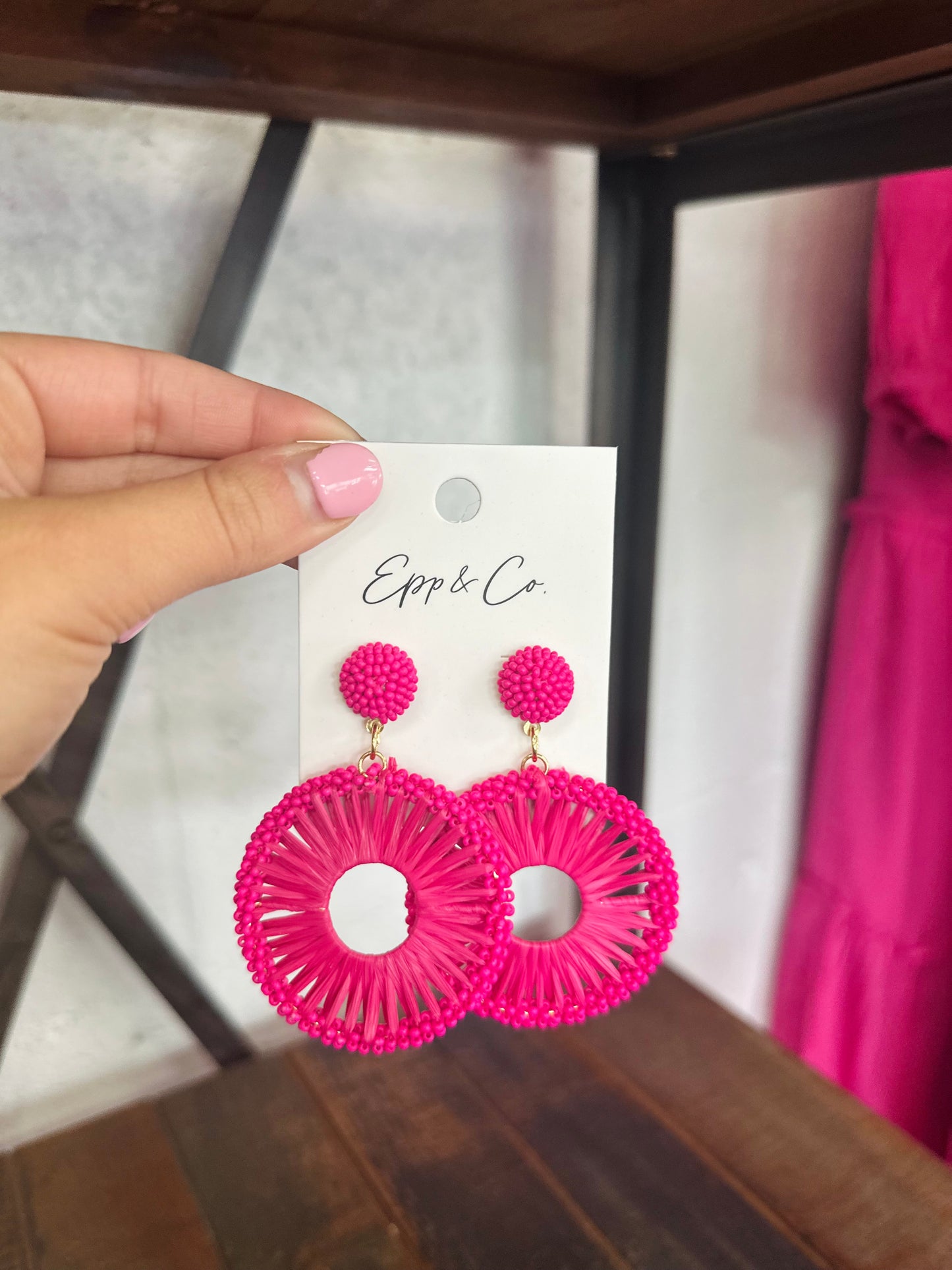 Fuchsia Beaded Raffia Circle Drops