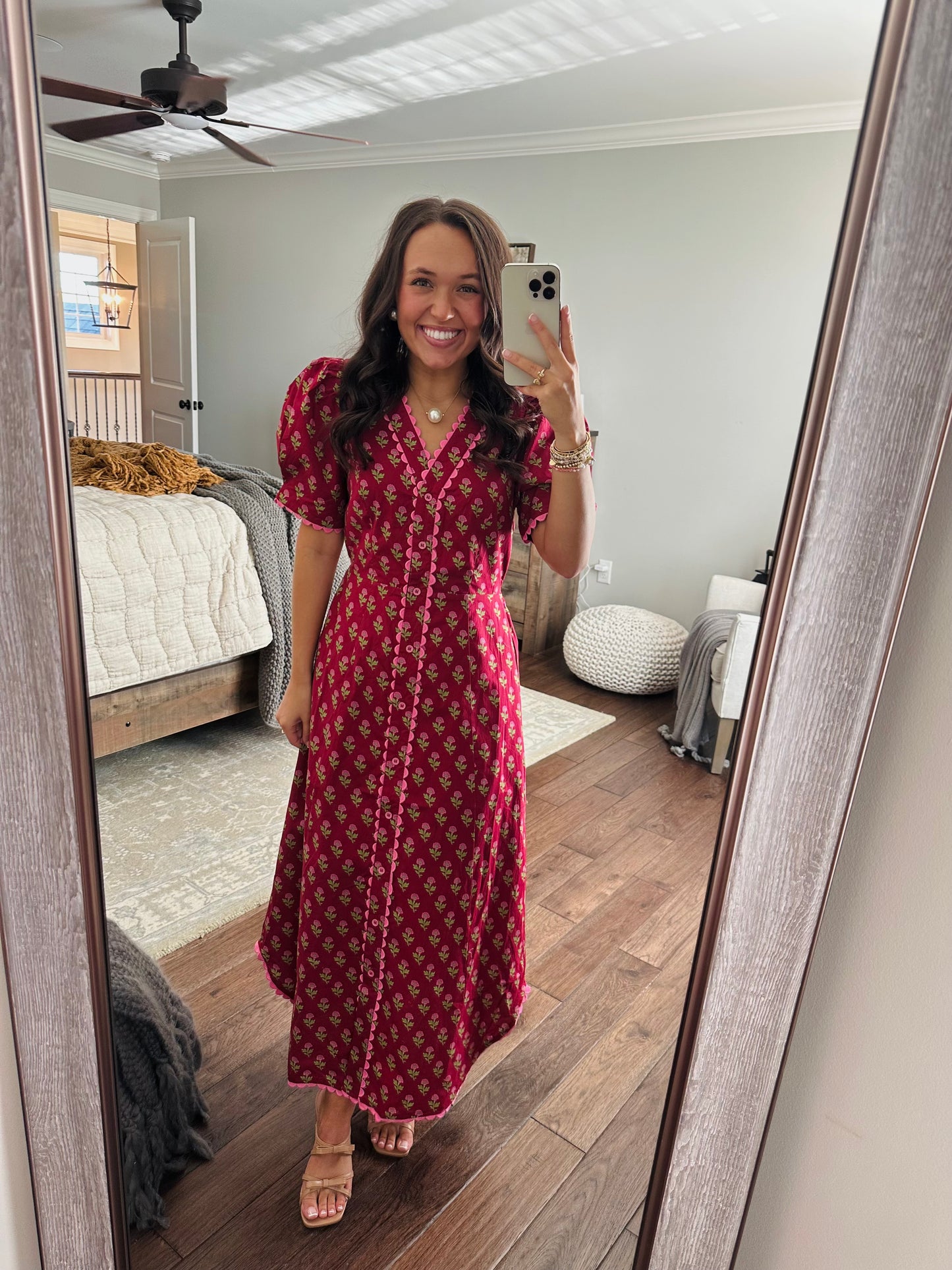 The Charlotte Burgundy Floral Scallop Trim Midi Dress