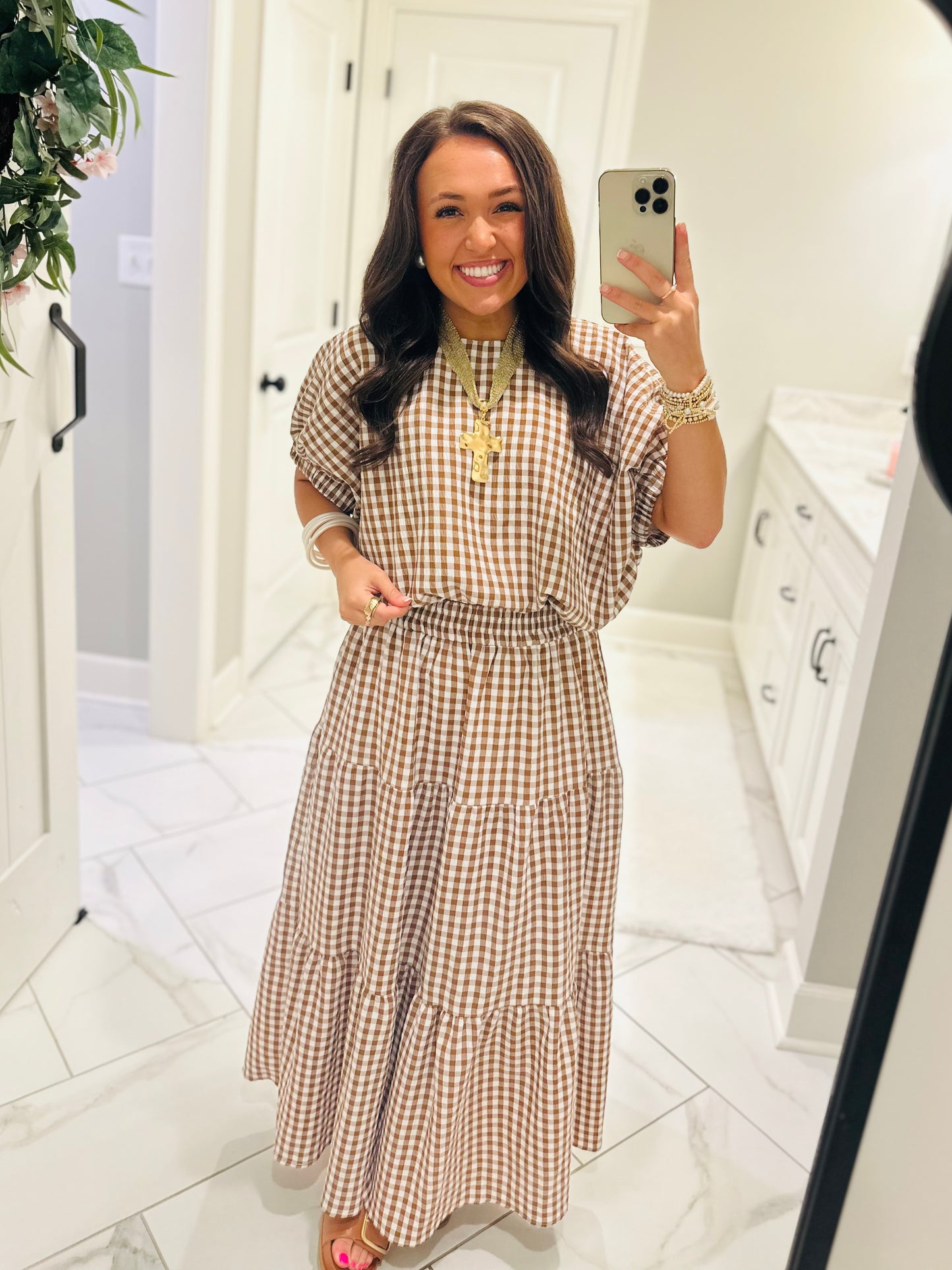 The Kinsley Brown Gingham Top + Skirt Set