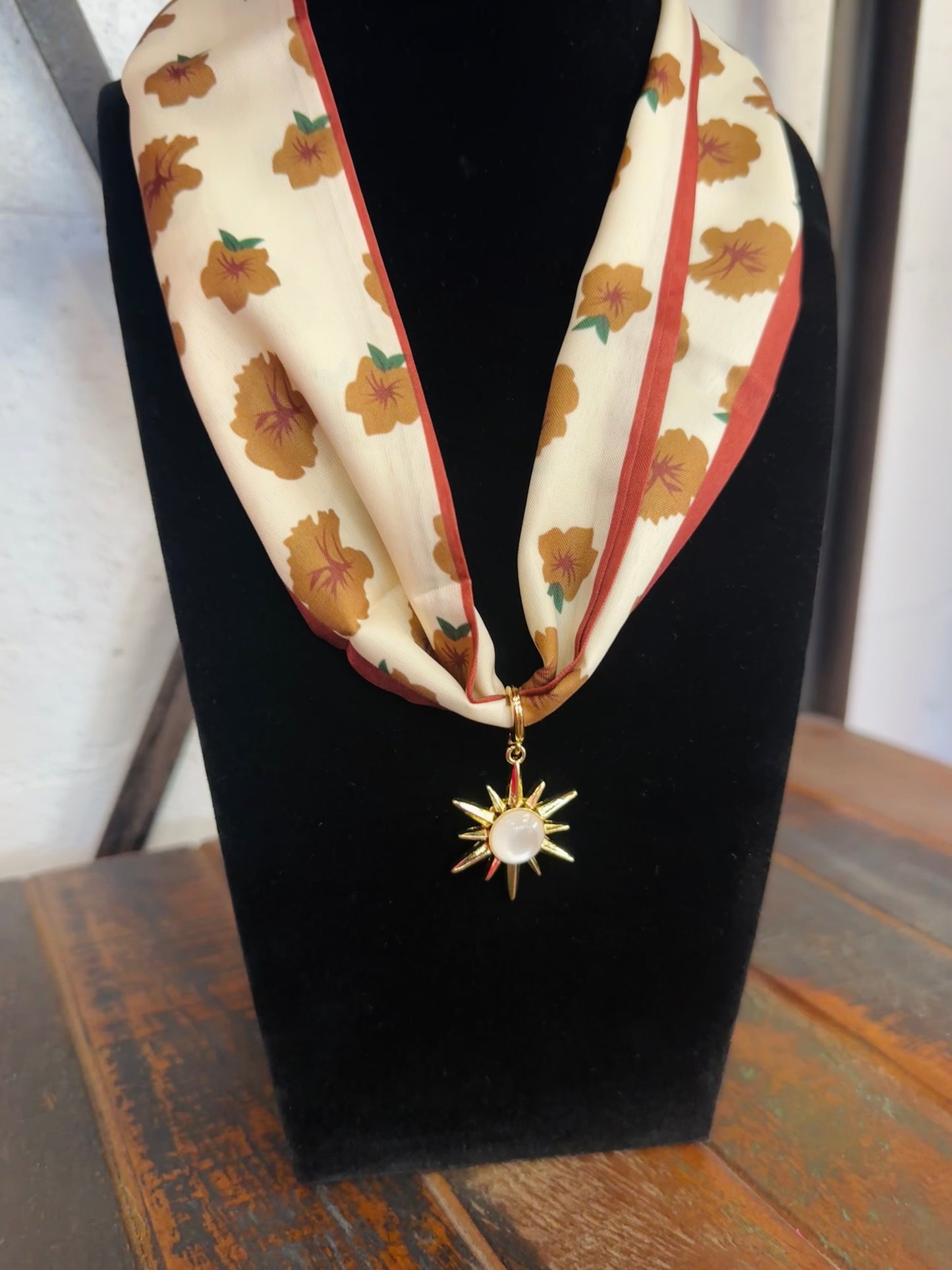 Brown Floral Silk Scarf + Gold Pendant Necklace