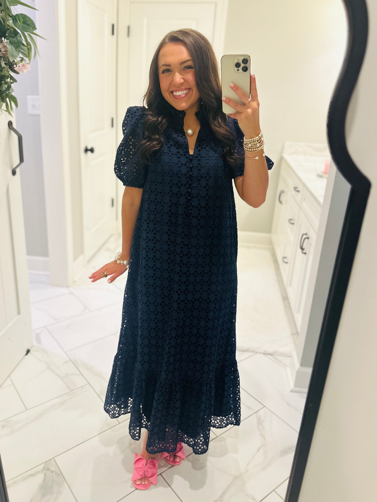The Liz Navy Eyelet Midi Dress