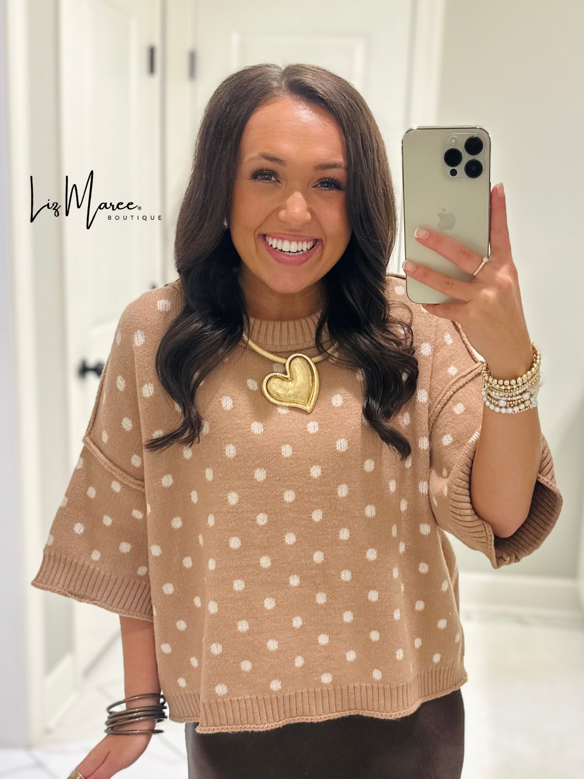 The Penelope Camel Polka Dot Sweater Knit Top