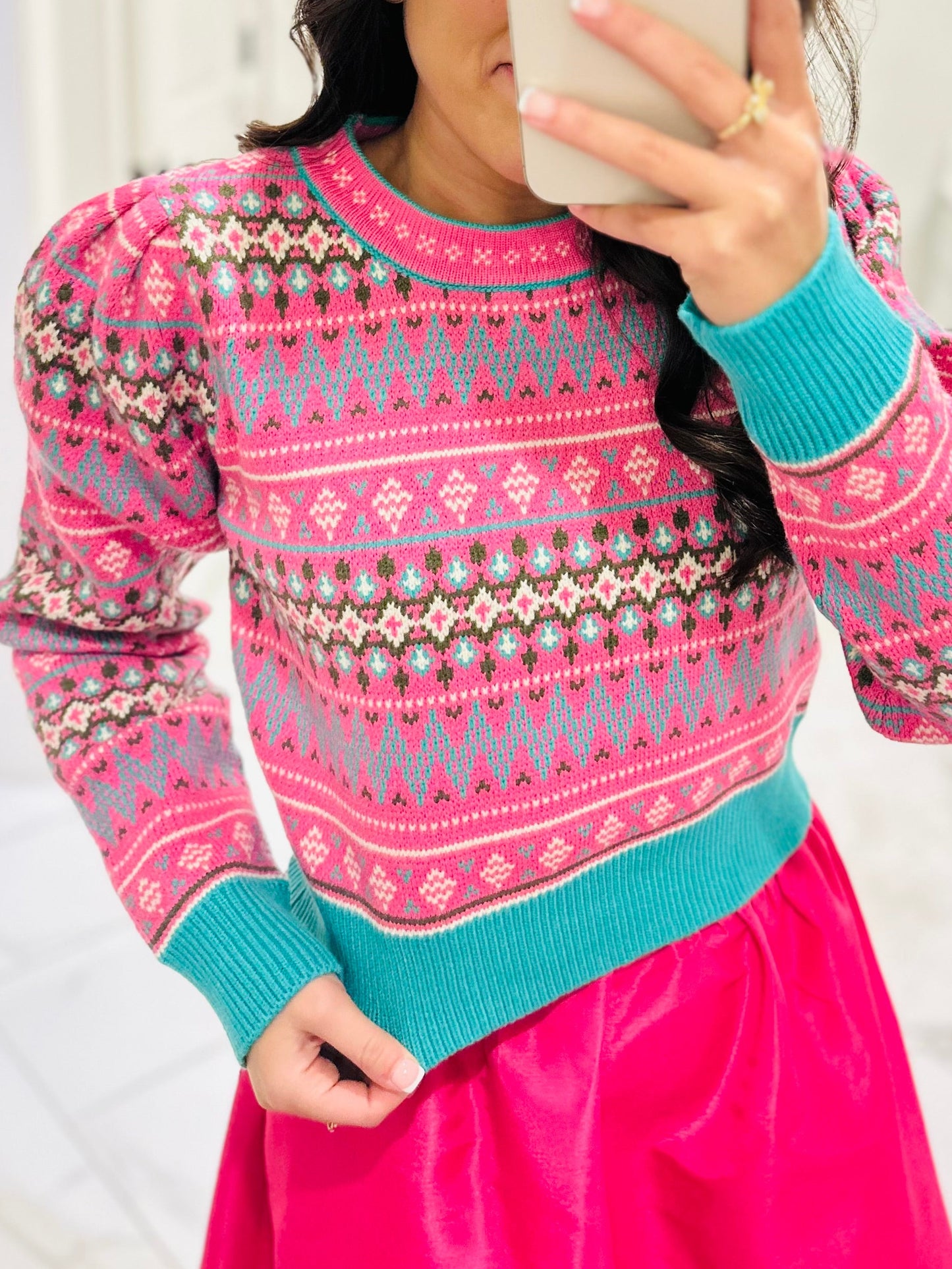 The Alya Hot Pink Fair Isle Print Cropped Sweater