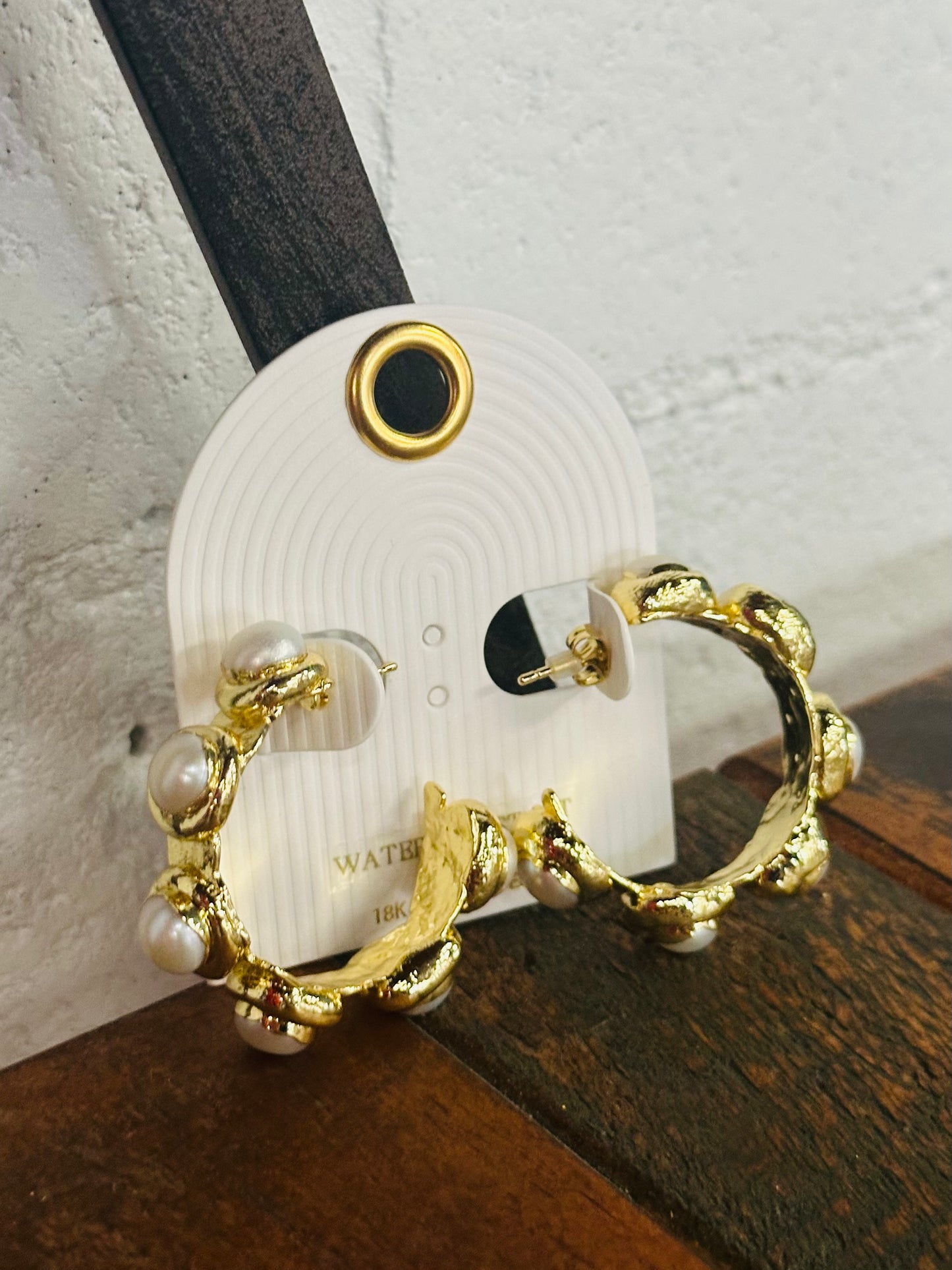 18K Gold Dipped Cream + Gold Pearl Station Hoops