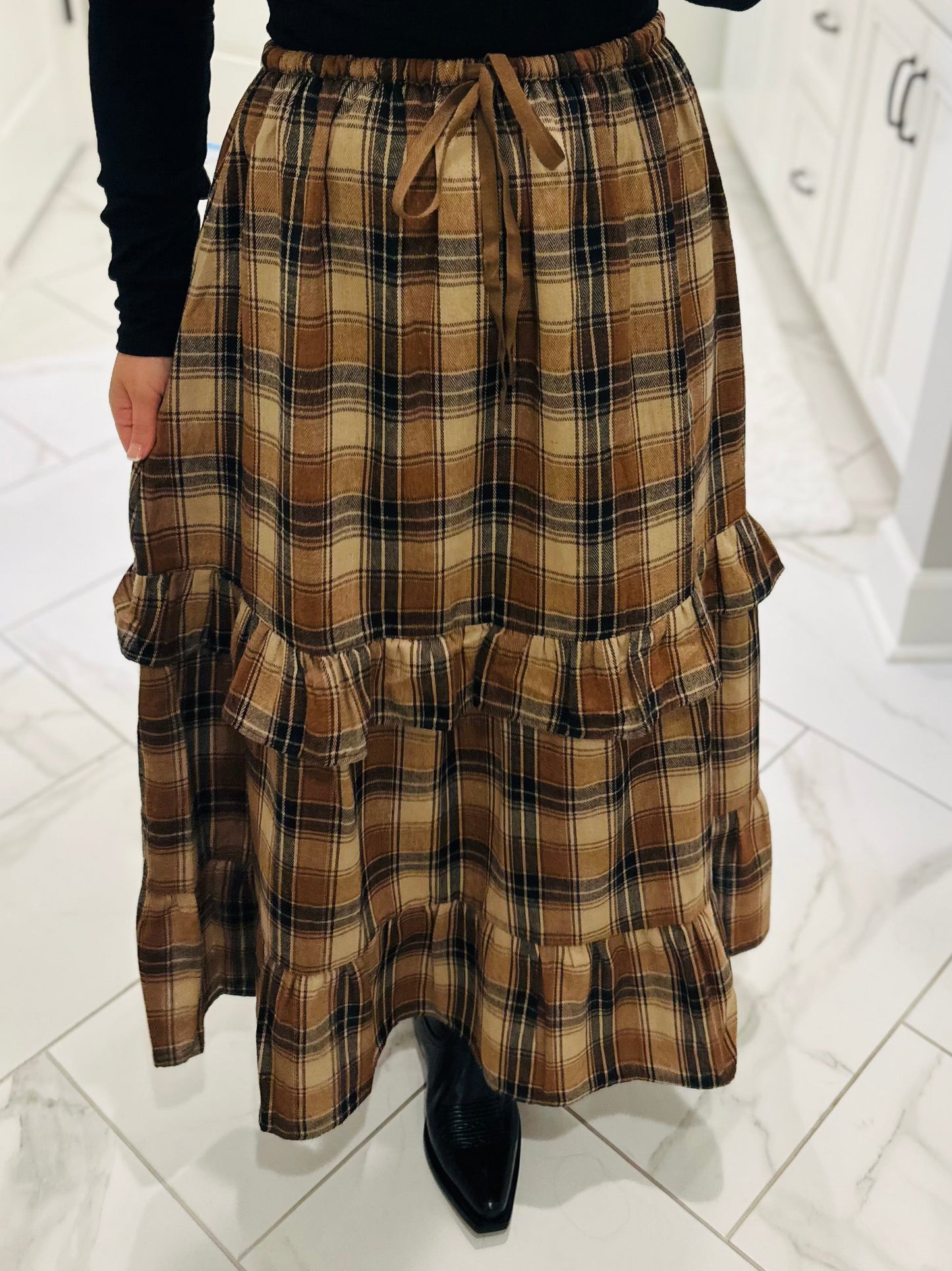The Raine Mocha Plaid Ruffle Tiered Midi Skirt